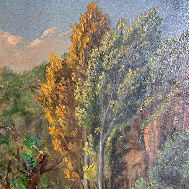 Antico dipinto olio su tavola fine 700 in cornice antica. Paesaggio con mucche al pascolo .Mis 50 x cm 36 . Firmato - immagine 6