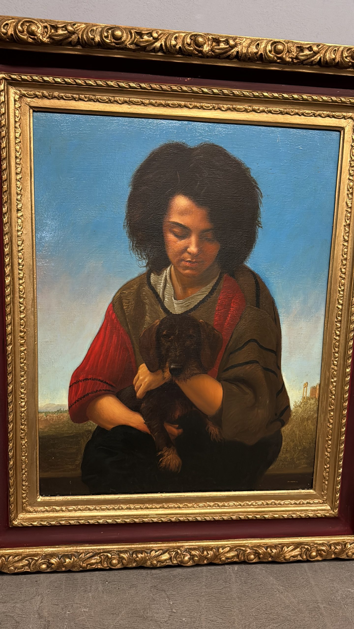 Olio su tela, ragazza e cagnolino 1987 Giancarlo Pignataro, 98x82cm - immagine 2