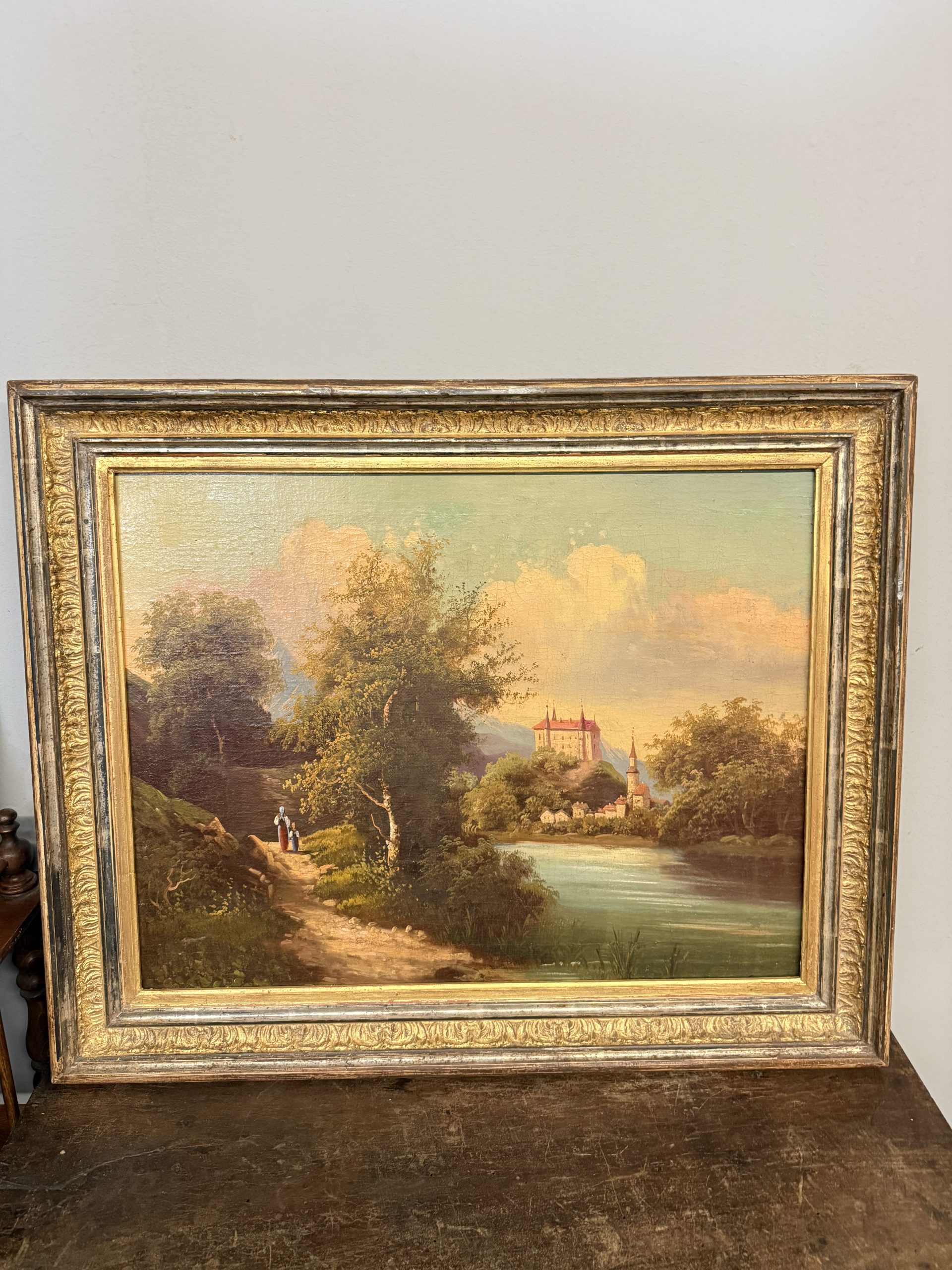 Antico dipinto olio su tela scuola austriaca XIX sec, 67x78cm, con paesaggio e castello