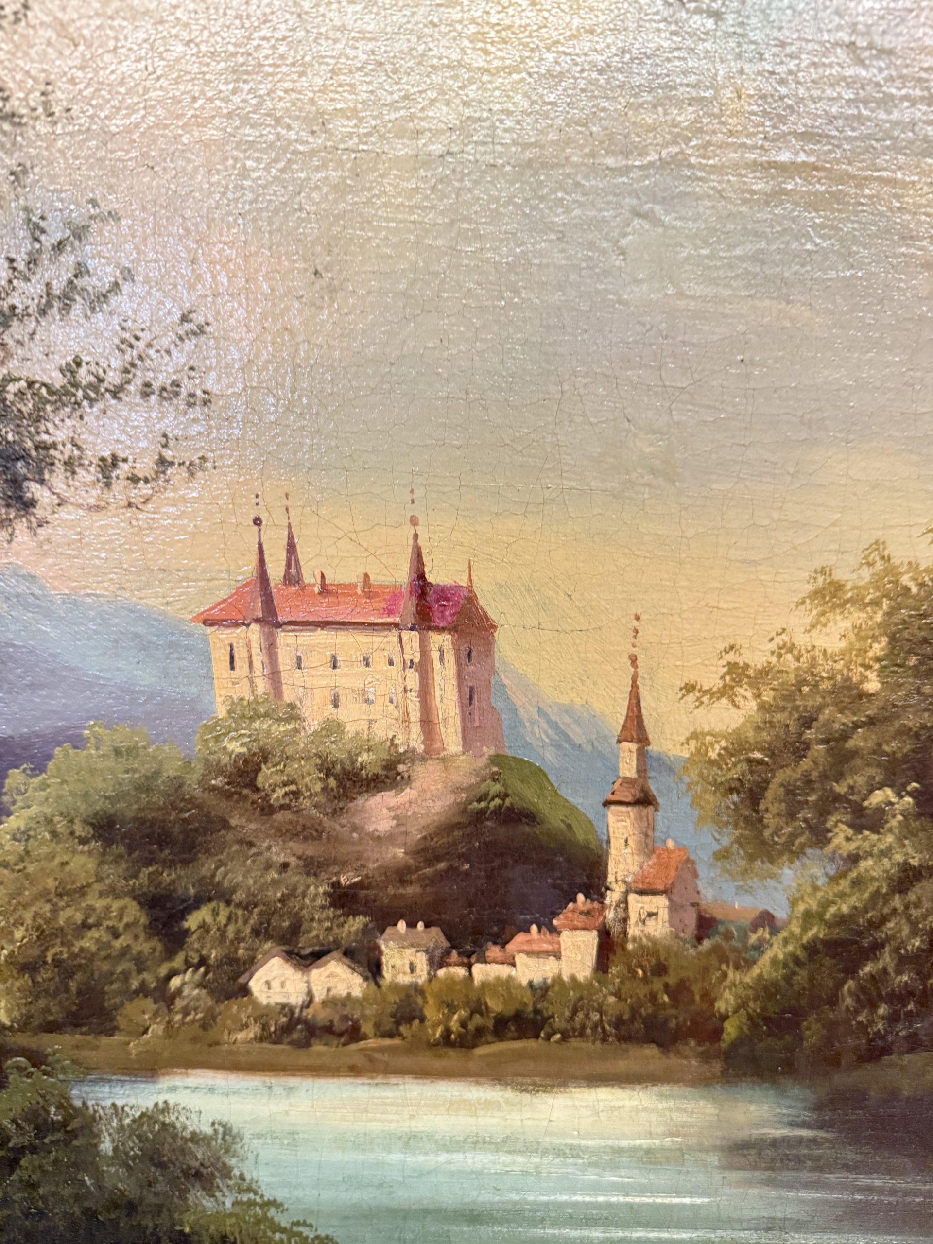 Antico dipinto olio su tela scuola austriaca XIX sec, 67x78cm, con paesaggio e castello - immagine 3