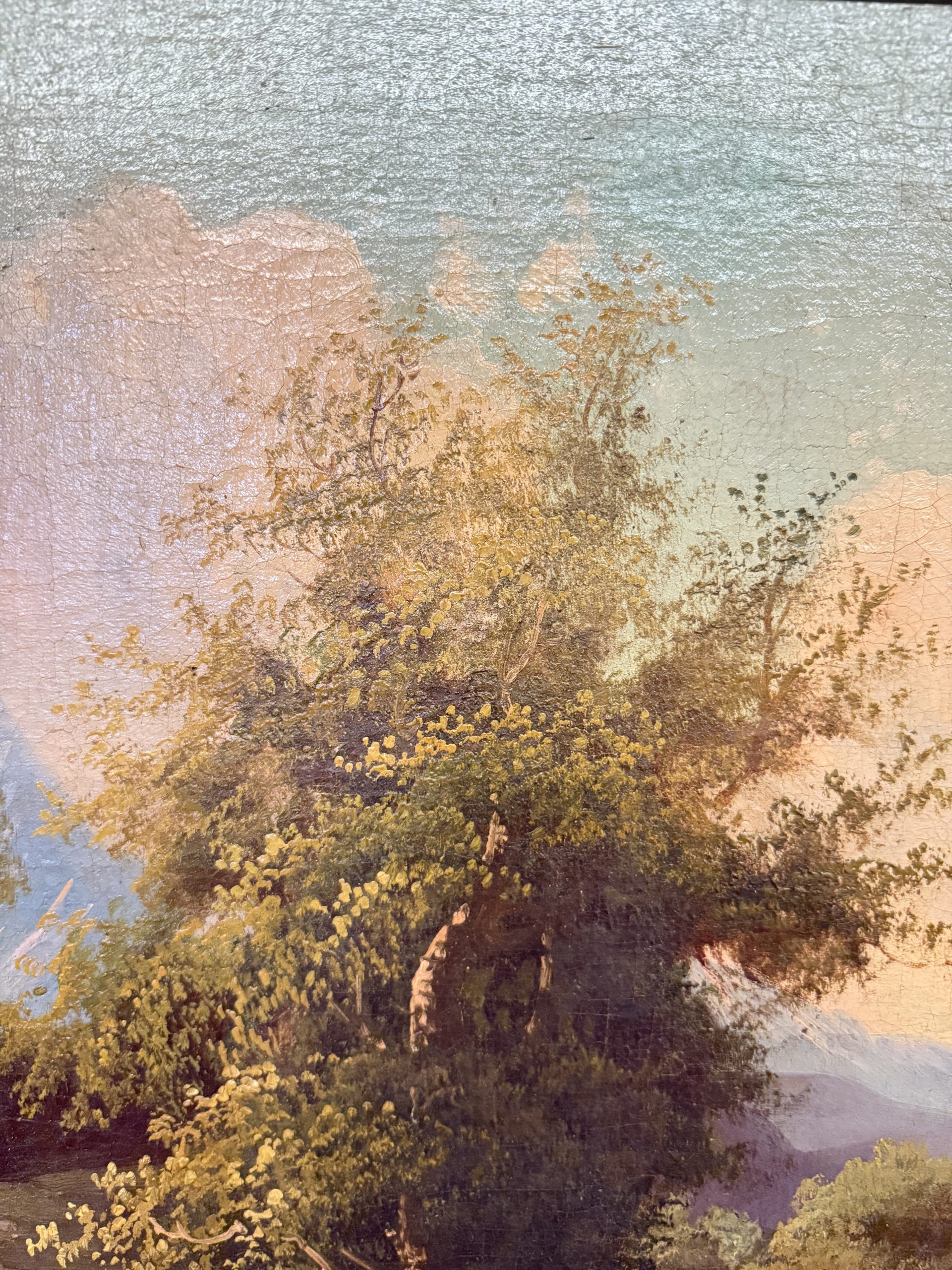 Antico dipinto olio su tela scuola austriaca XIX sec, 67x78cm, con paesaggio e castello - immagine 4
