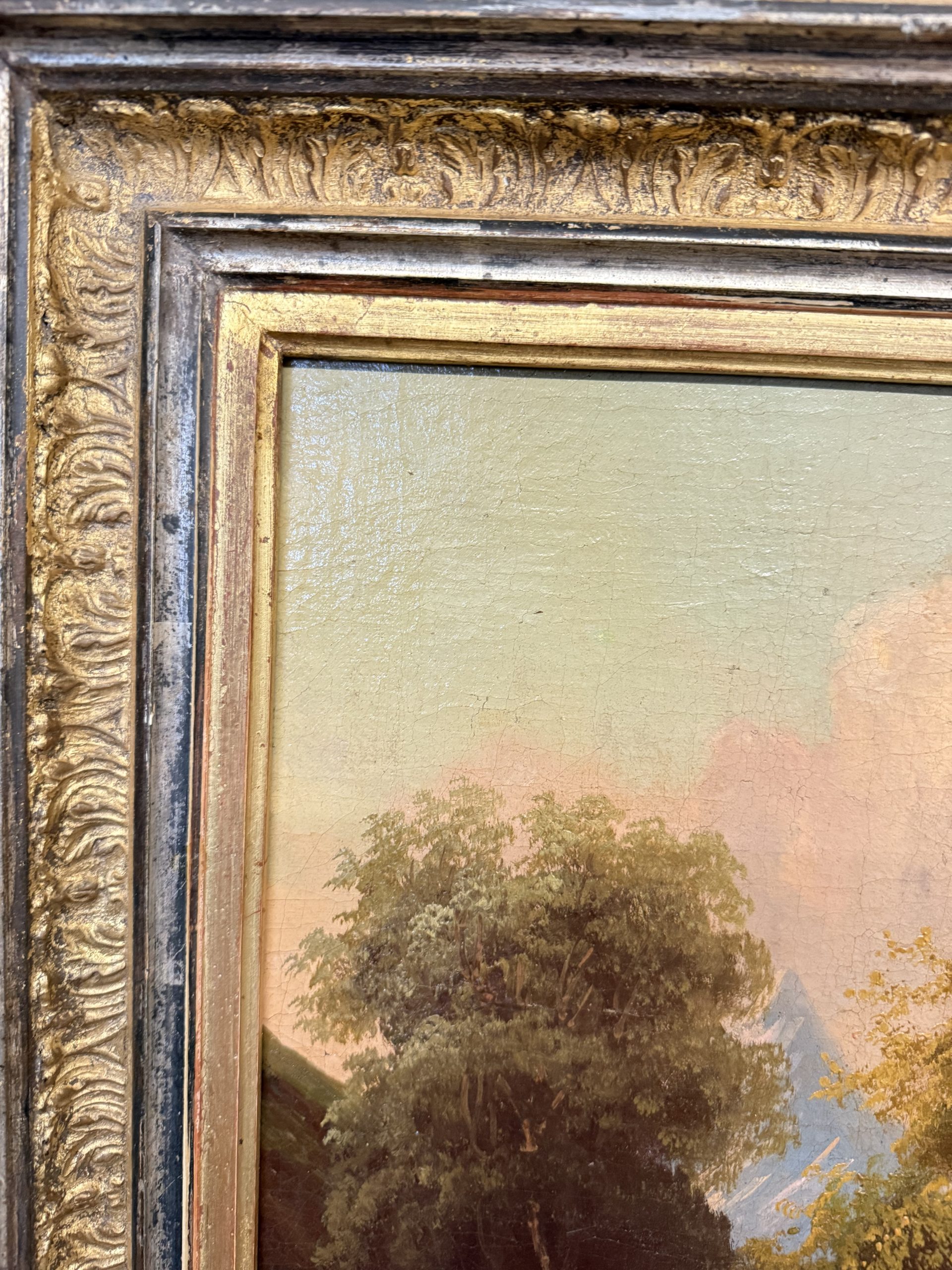 Antico dipinto olio su tela scuola austriaca XIX sec, 67x78cm, con paesaggio e castello - immagine 5