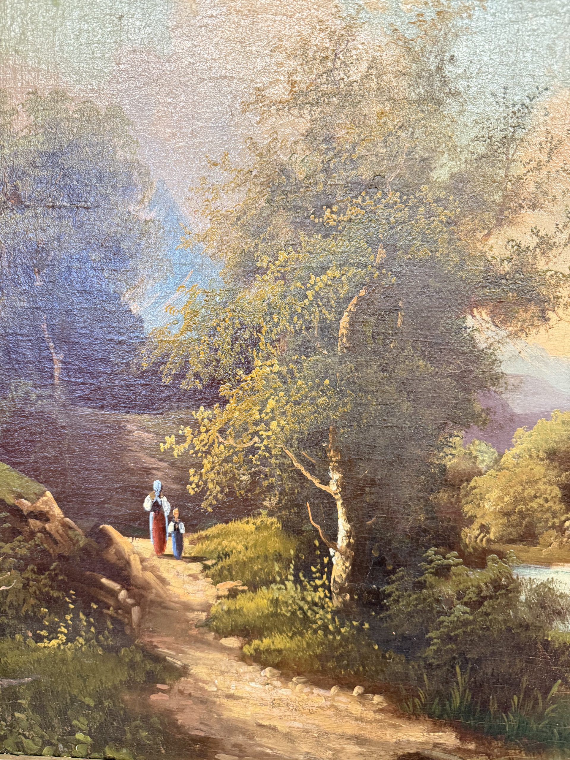 Antico dipinto olio su tela scuola austriaca XIX sec, 67x78cm, con paesaggio e castello - immagine 6