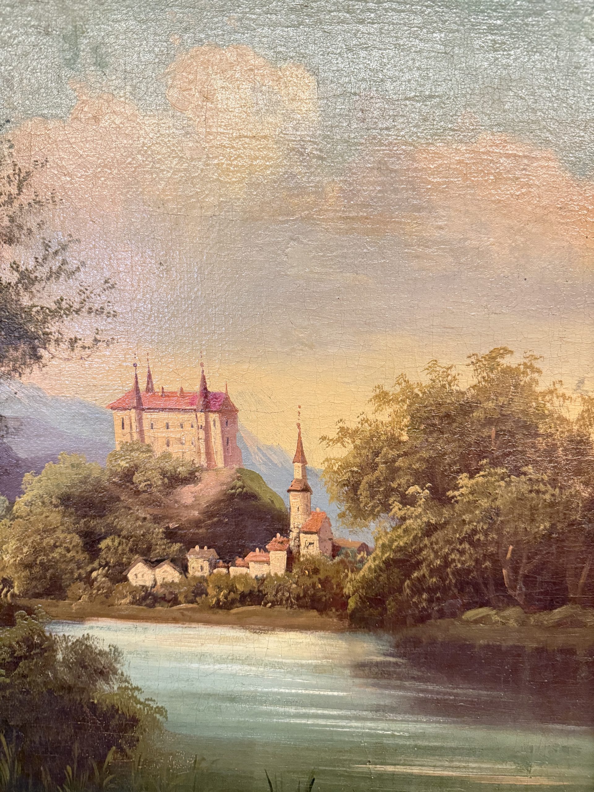 Antico dipinto olio su tela scuola austriaca XIX sec, 67x78cm, con paesaggio e castello - immagine 7