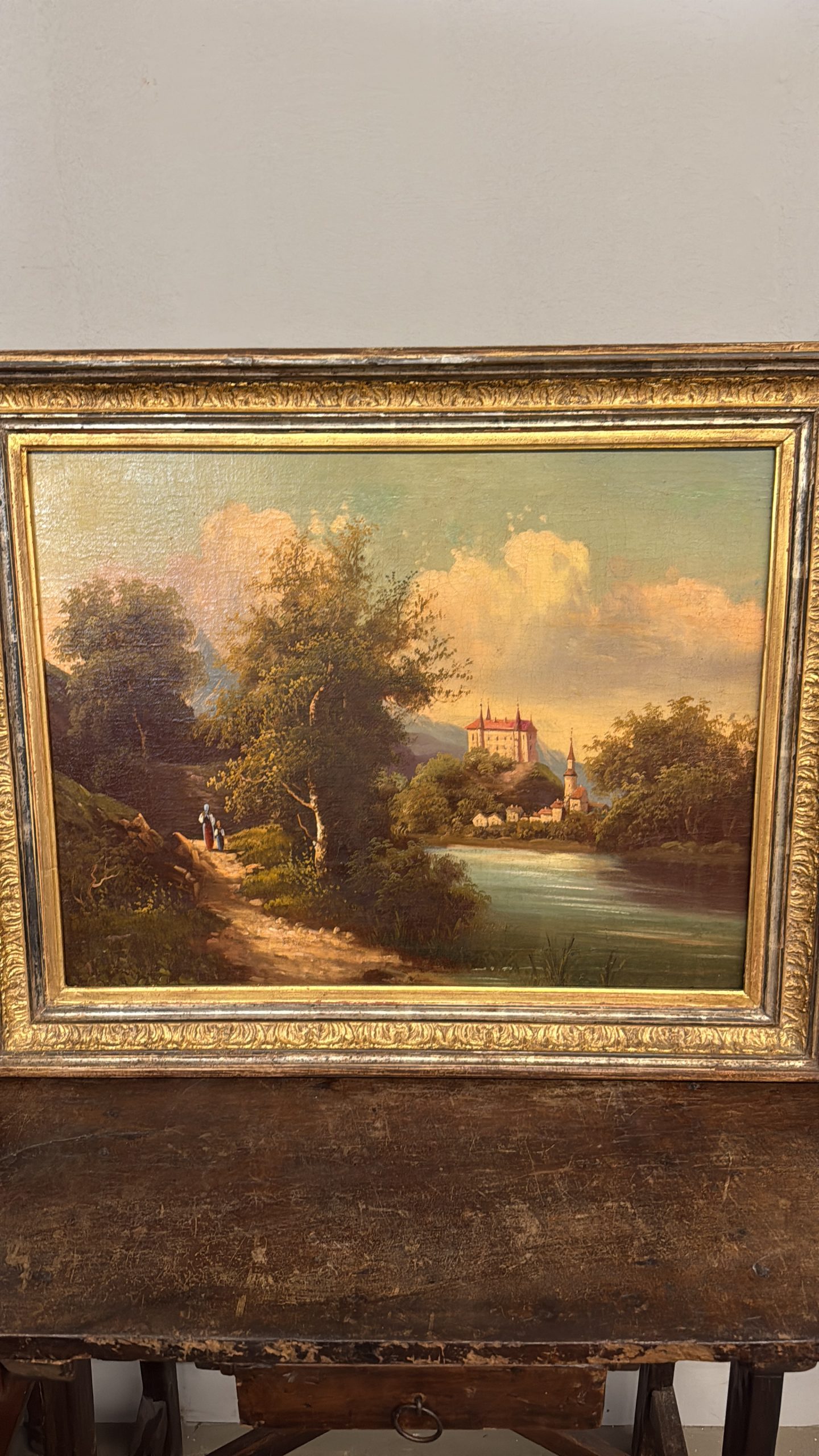 Antico dipinto olio su tela scuola austriaca XIX sec, 67x78cm, con paesaggio e castello - immagine 8