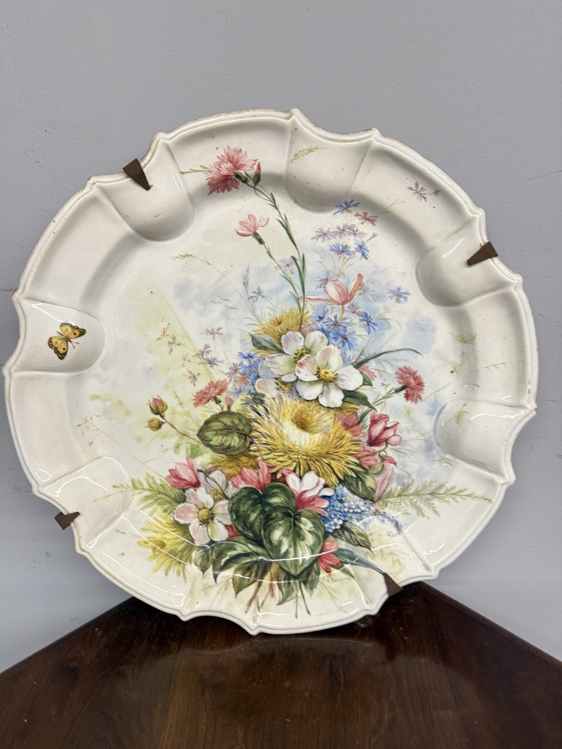Antico grande piatto in maiolica floreale '800 Nove Bassano 60x5cm