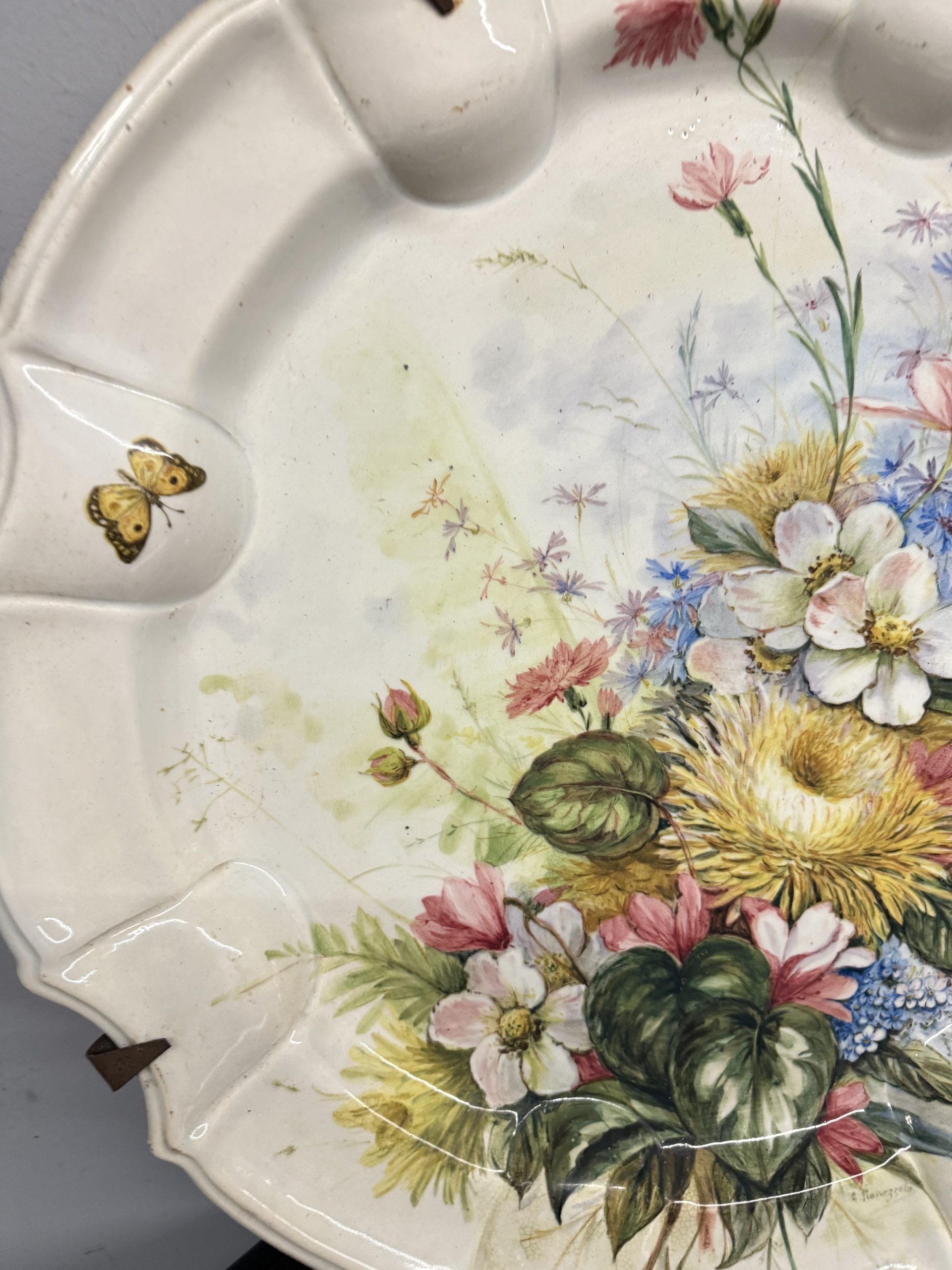 Antico grande piatto in maiolica floreale '800 Nove Bassano 60x5cm - immagine 8