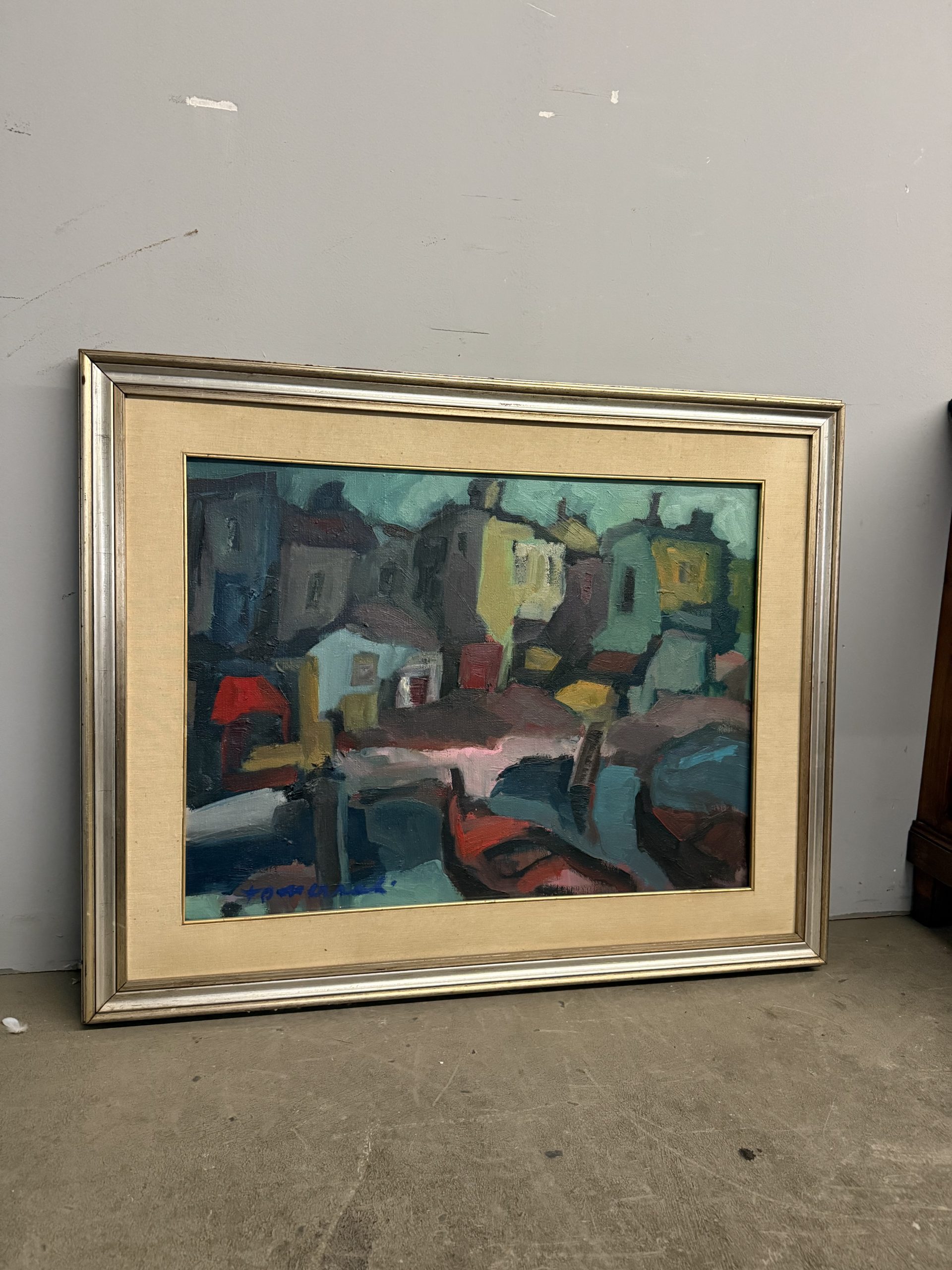Dipinto materico paesaggio case moderno anni '60, 80x60cm - immagine 2