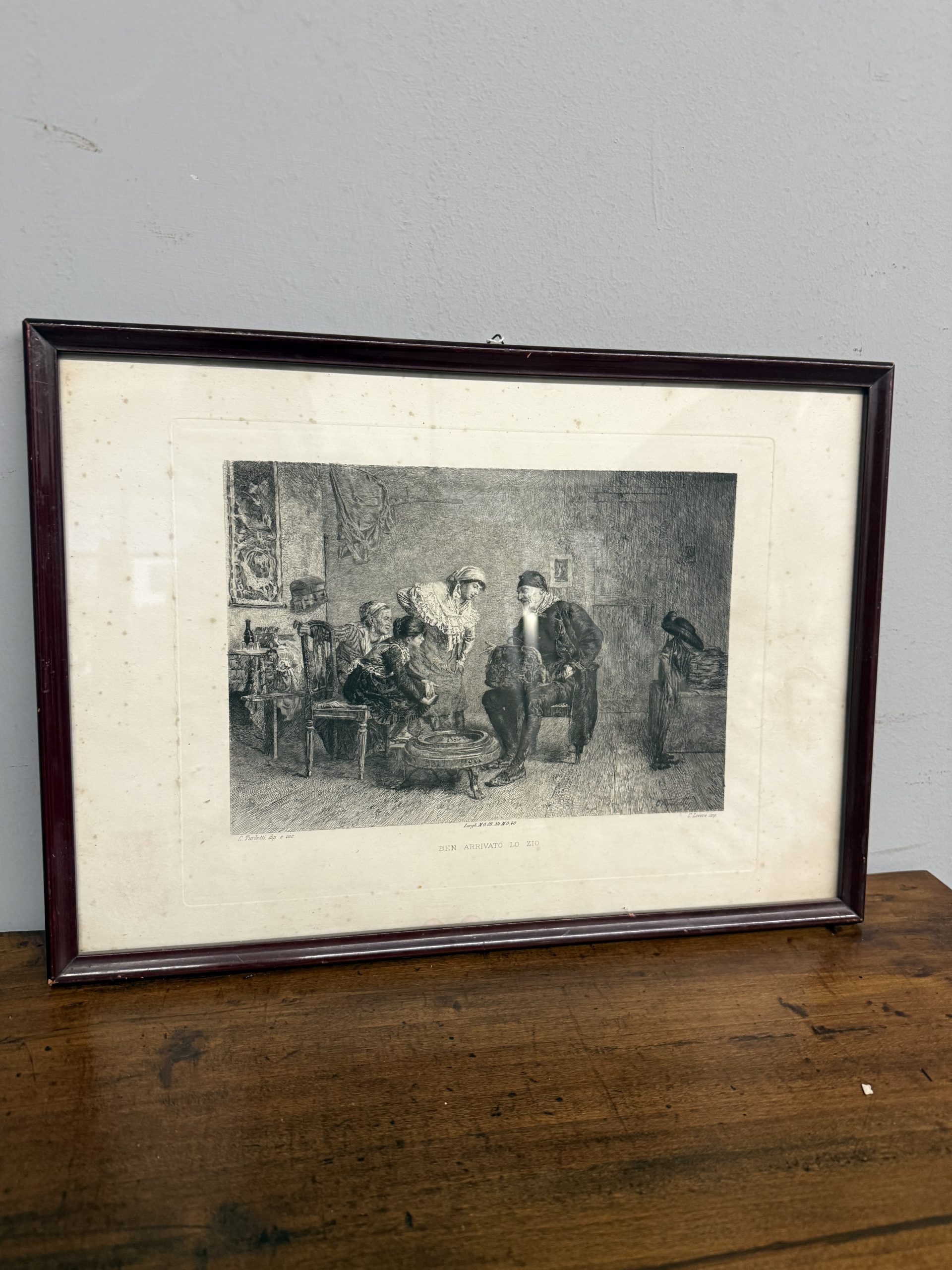 Antica incisione '800 Celestino Turletti. Ben arrivato Lo Zio, 44x32cm
