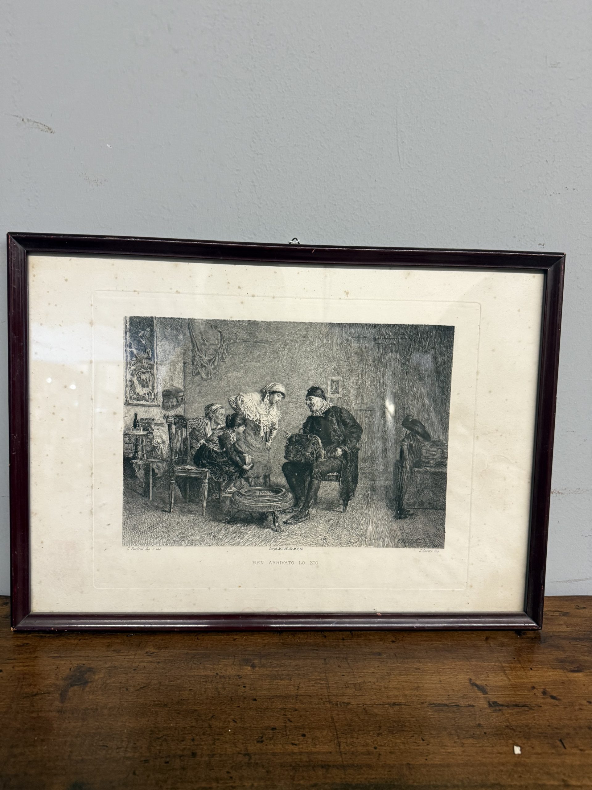 Antica incisione '800 Celestino Turletti. Ben arrivato Lo Zio, 44x32cm - immagine 3