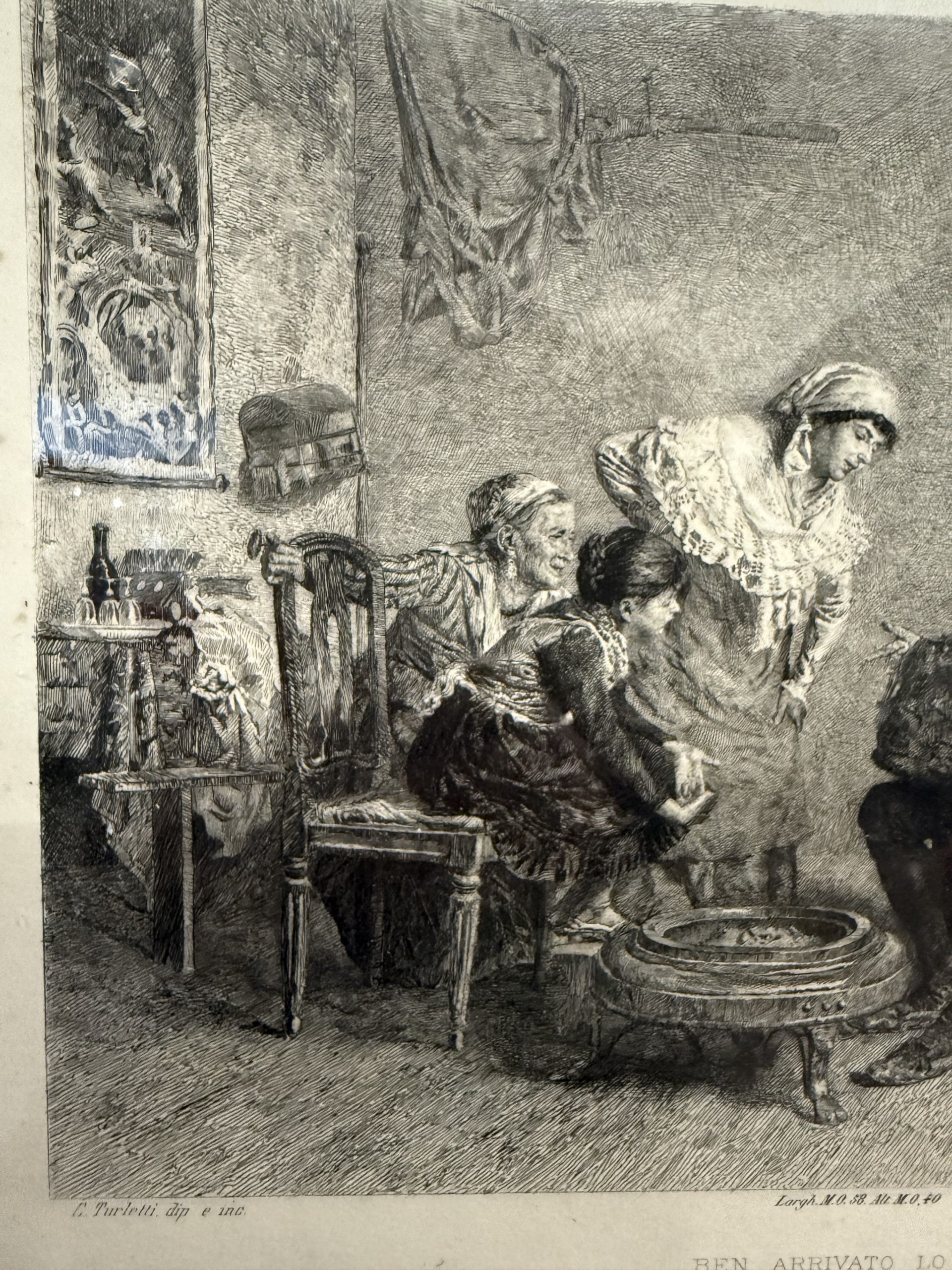 Antica incisione '800 Celestino Turletti. Ben arrivato Lo Zio, 44x32cm - immagine 8