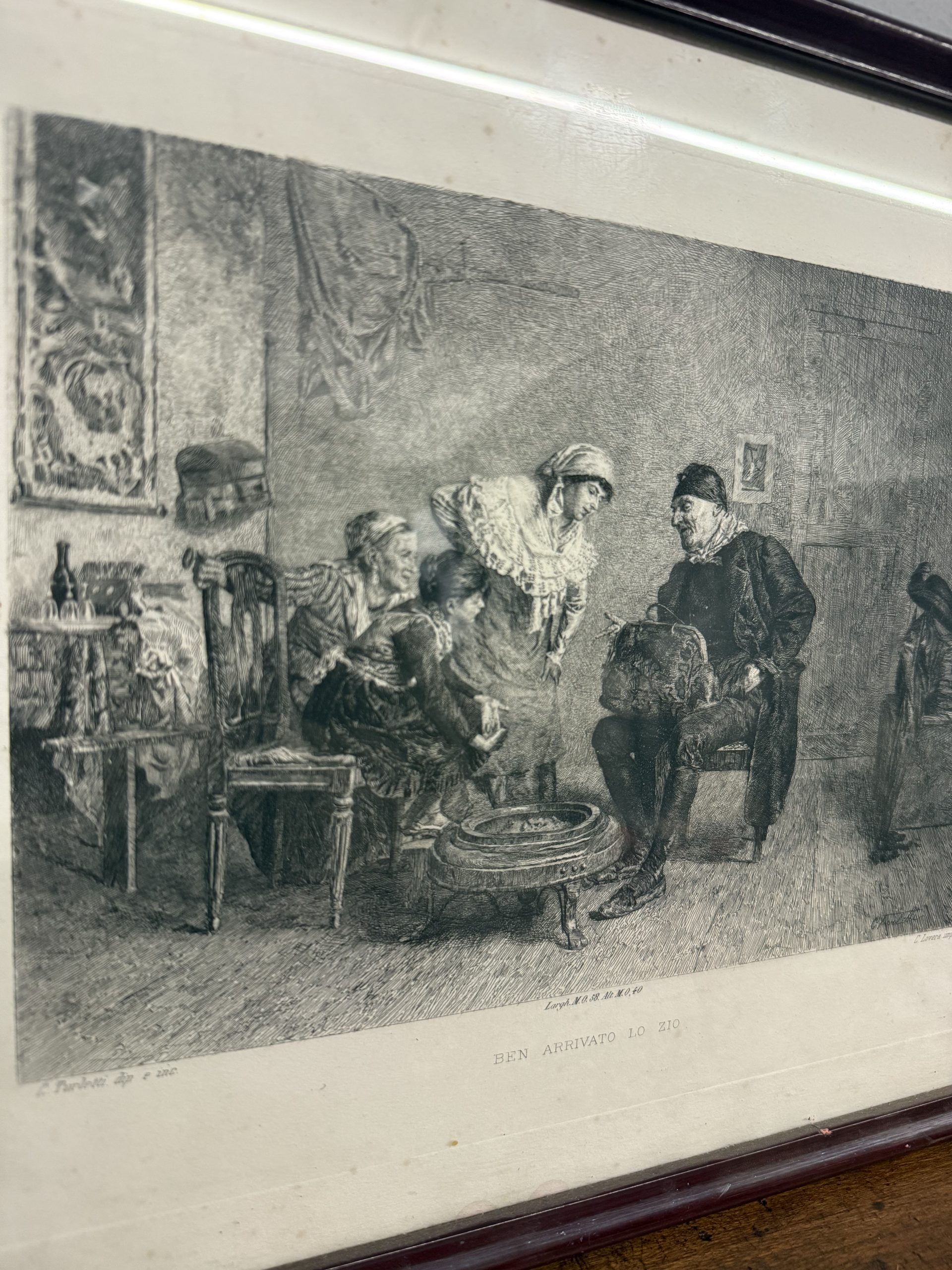 Antica incisione '800 Celestino Turletti. Ben arrivato Lo Zio, 44x32cm - immagine 9