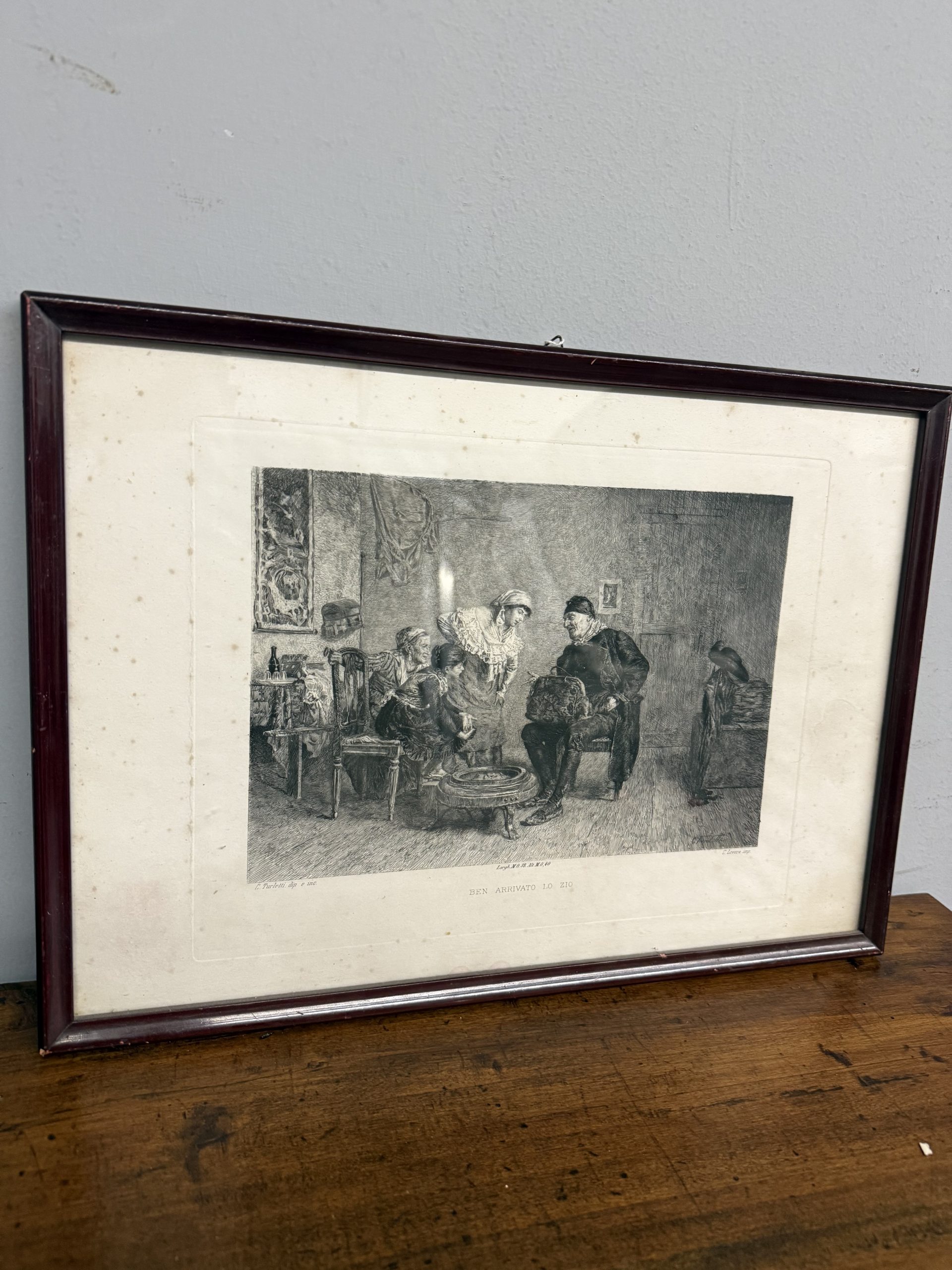 Antica incisione '800 Celestino Turletti. Ben arrivato Lo Zio, 44x32cm - immagine 10