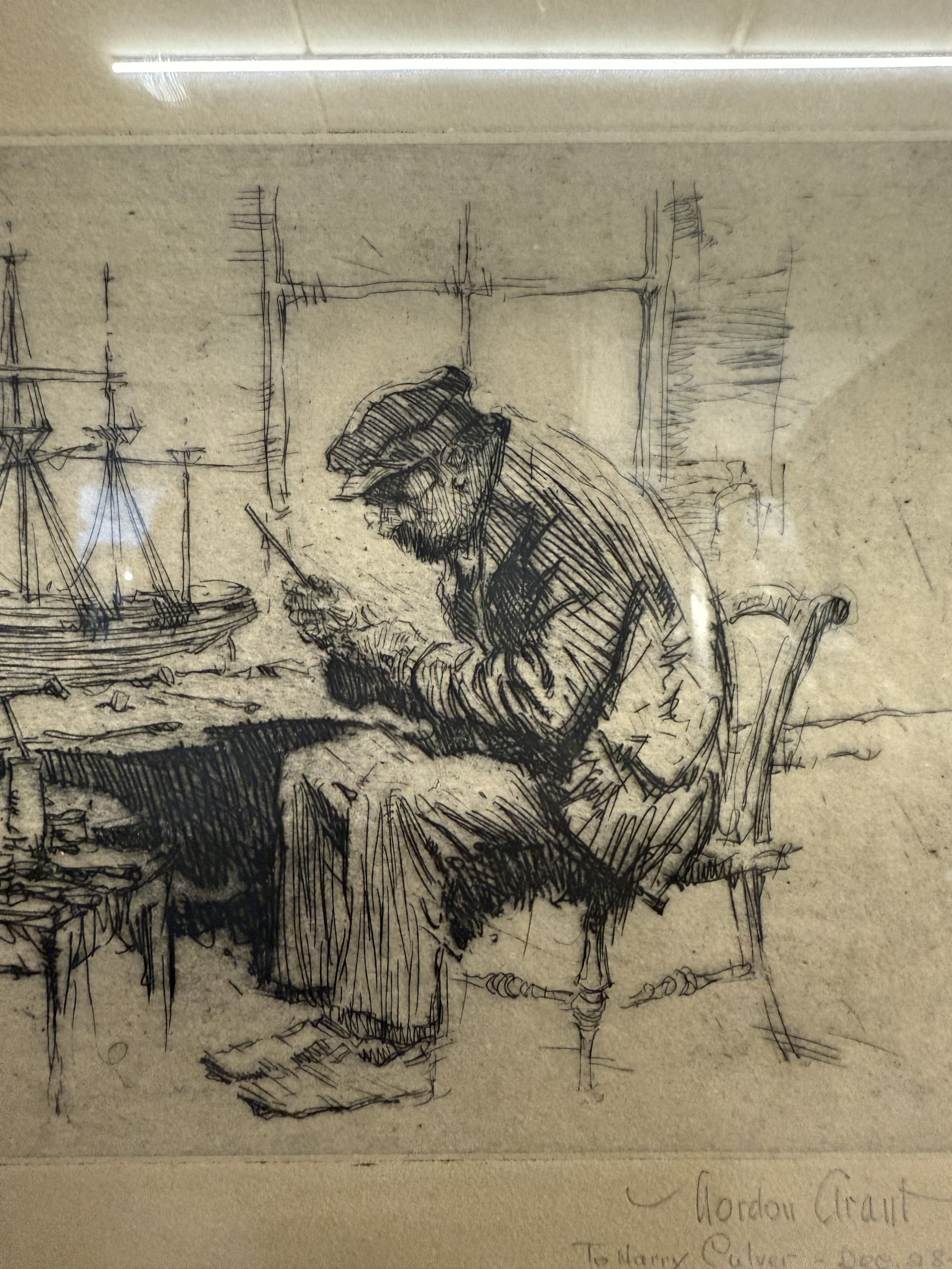 Antica incisione Gordon Grant, 41x31cm 1927, personaggio al porto - immagine 5