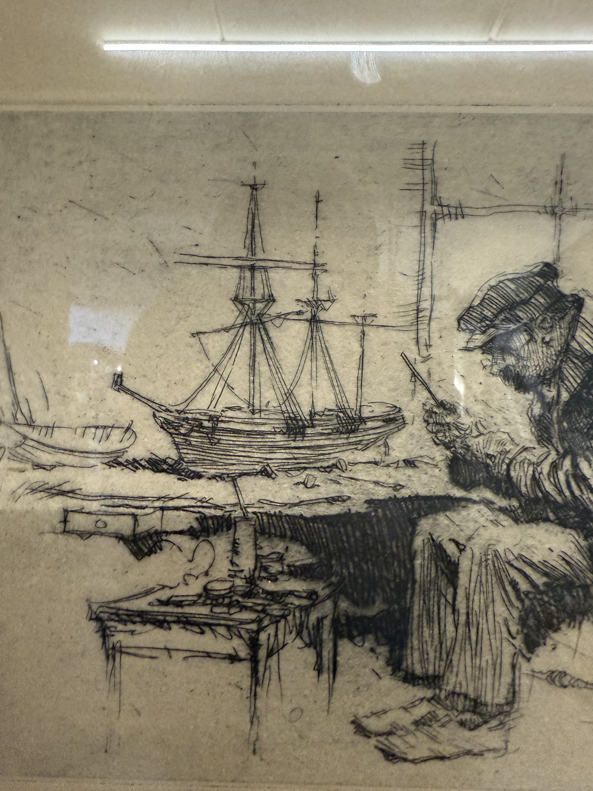 Antica incisione Gordon Grant, 41x31cm 1927, personaggio al porto - immagine 6