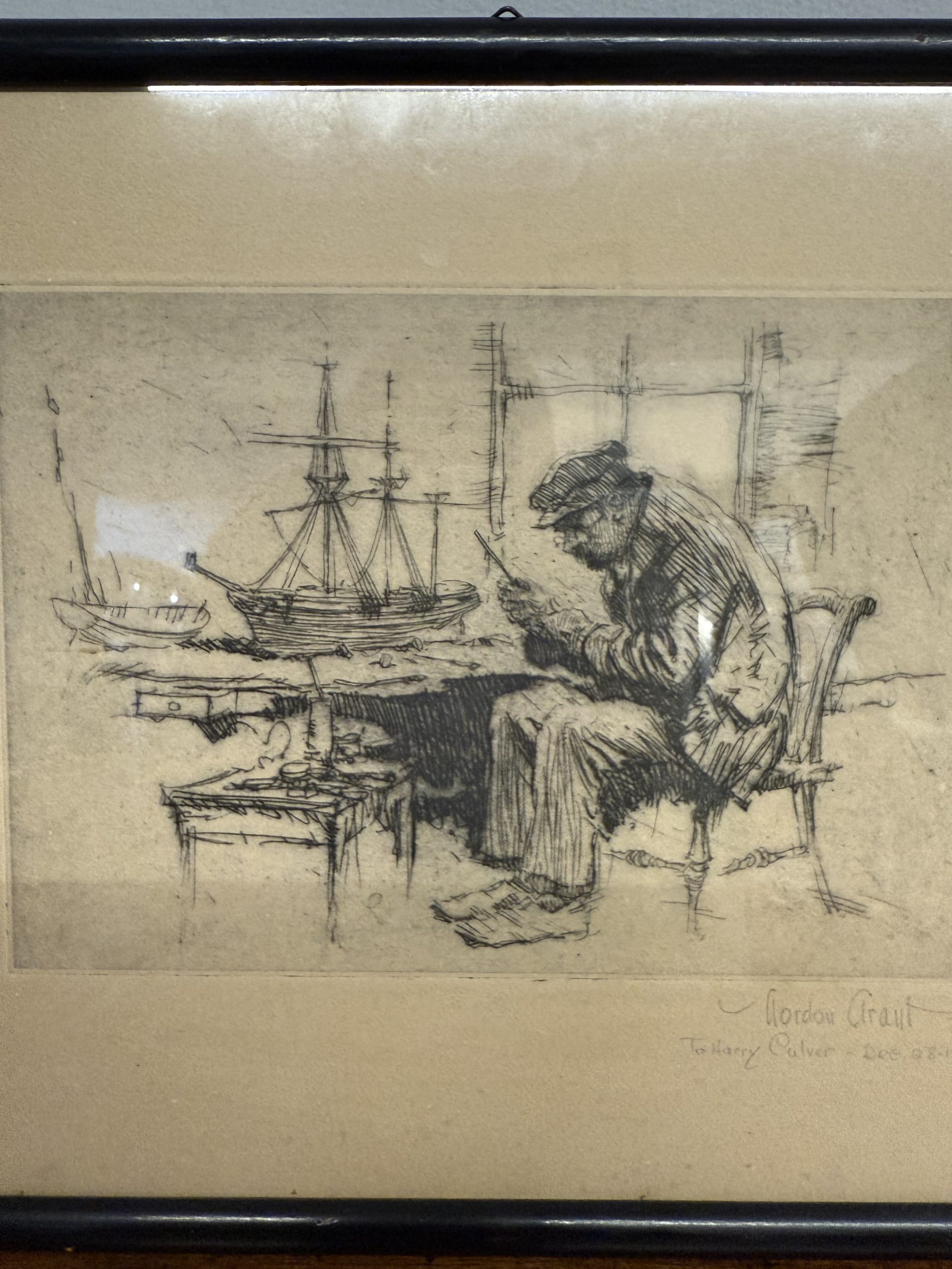 Antica incisione Gordon Grant, 41x31cm 1927, personaggio al porto - immagine 7