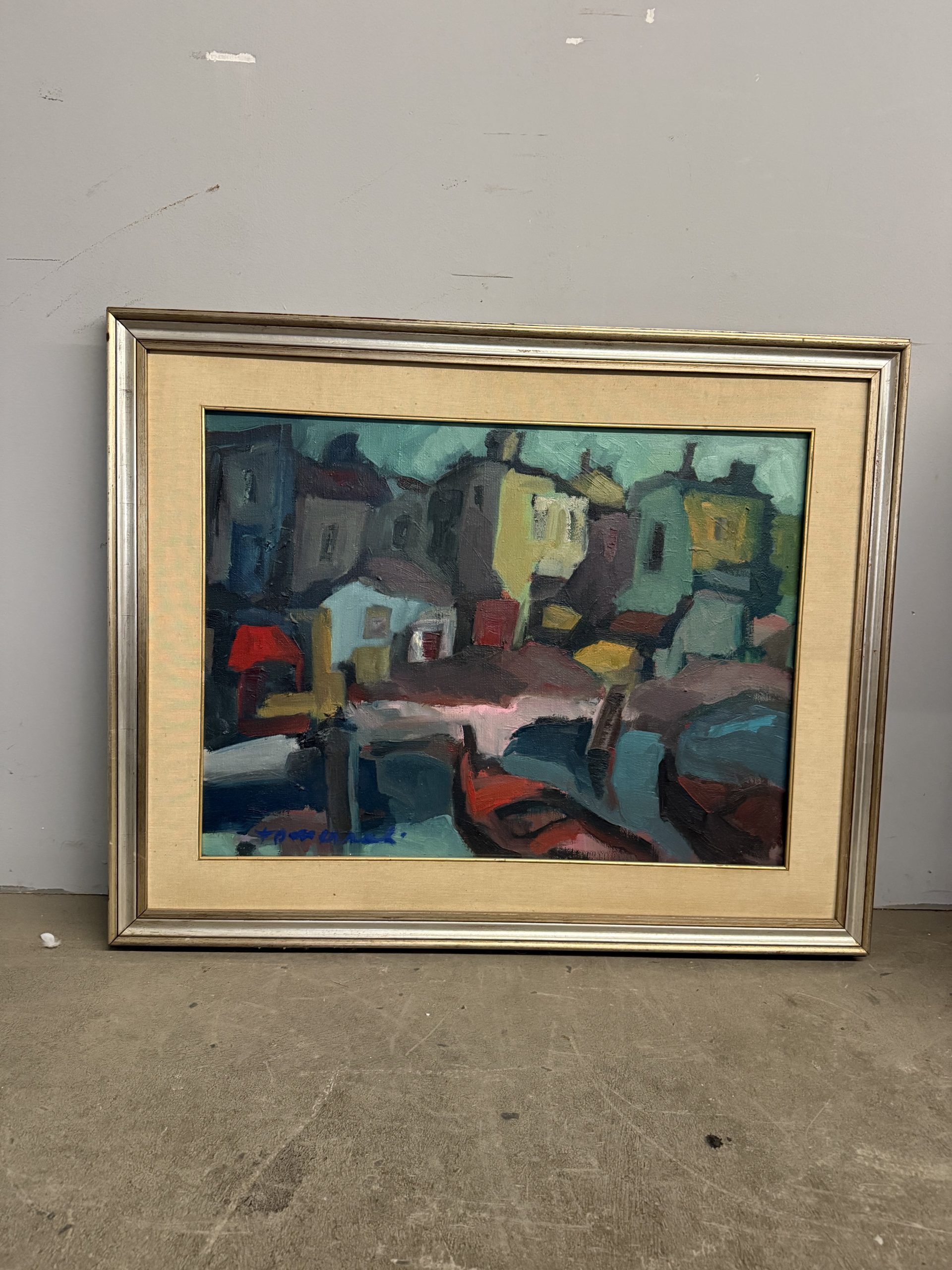 Dipinto materico paesaggio case moderno anni '60, 80x60cm - immagine 5
