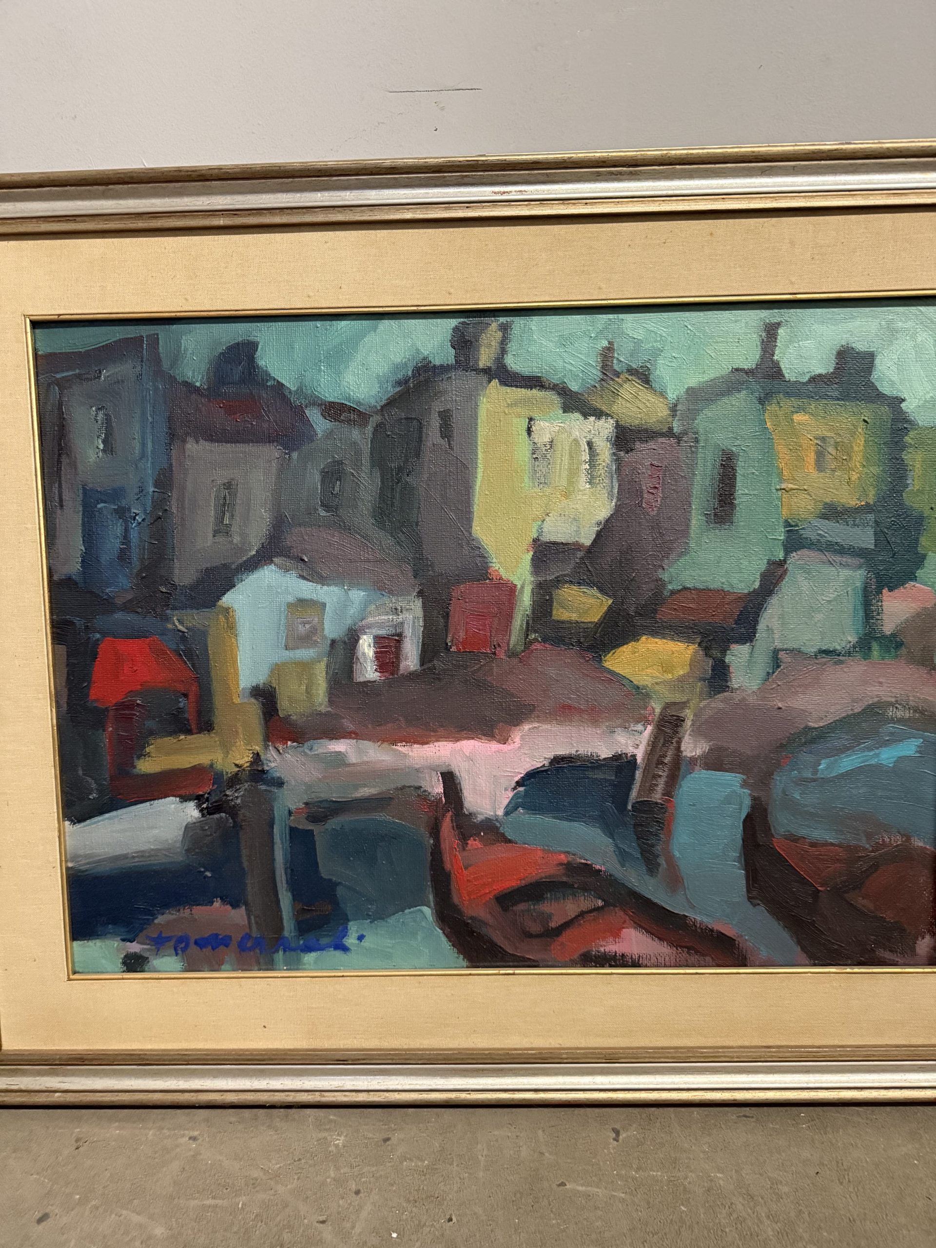 Dipinto materico paesaggio case moderno anni '60, 80x60cm - immagine 6