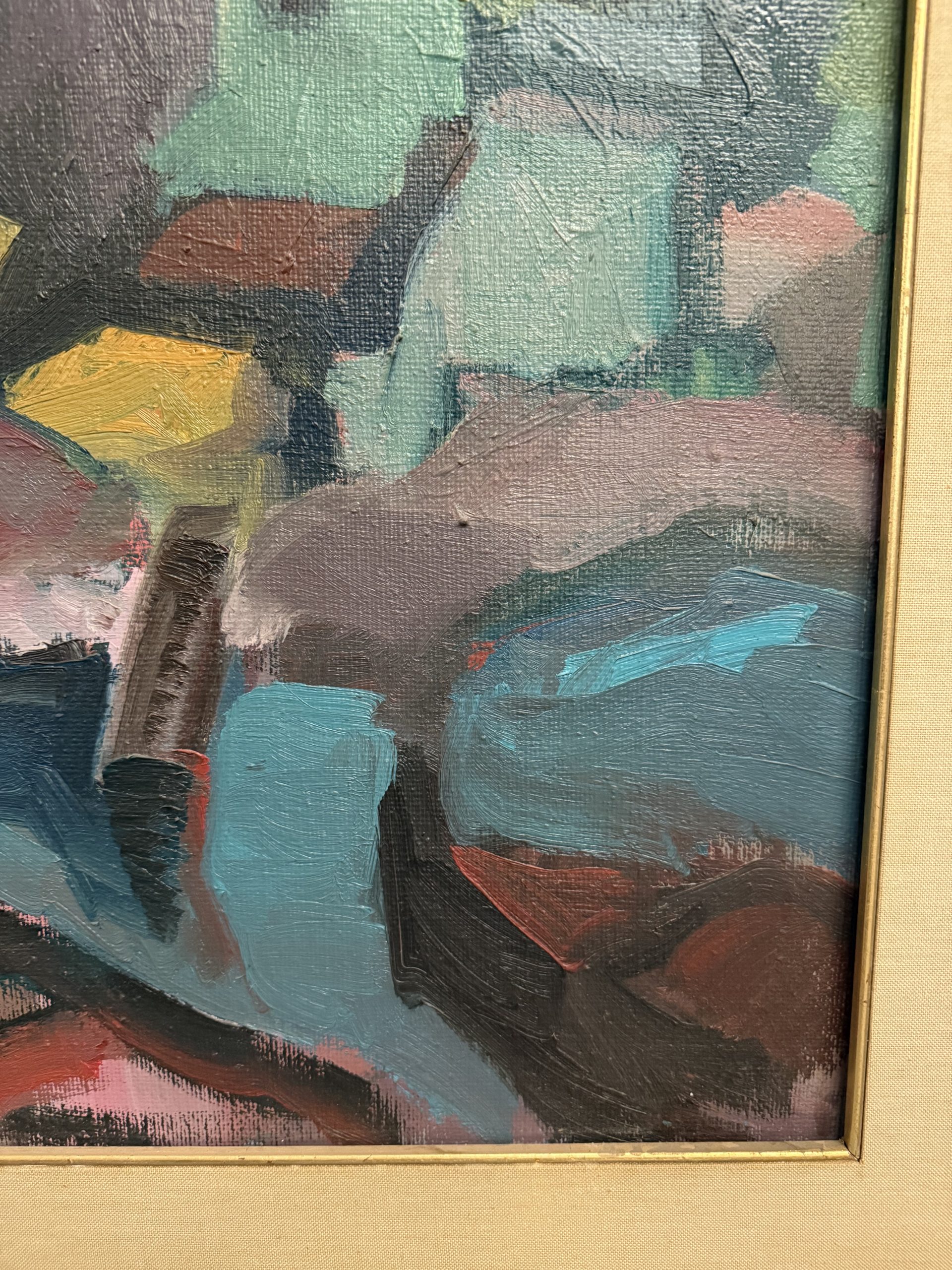 Dipinto materico paesaggio case moderno anni '60, 80x60cm - immagine 9