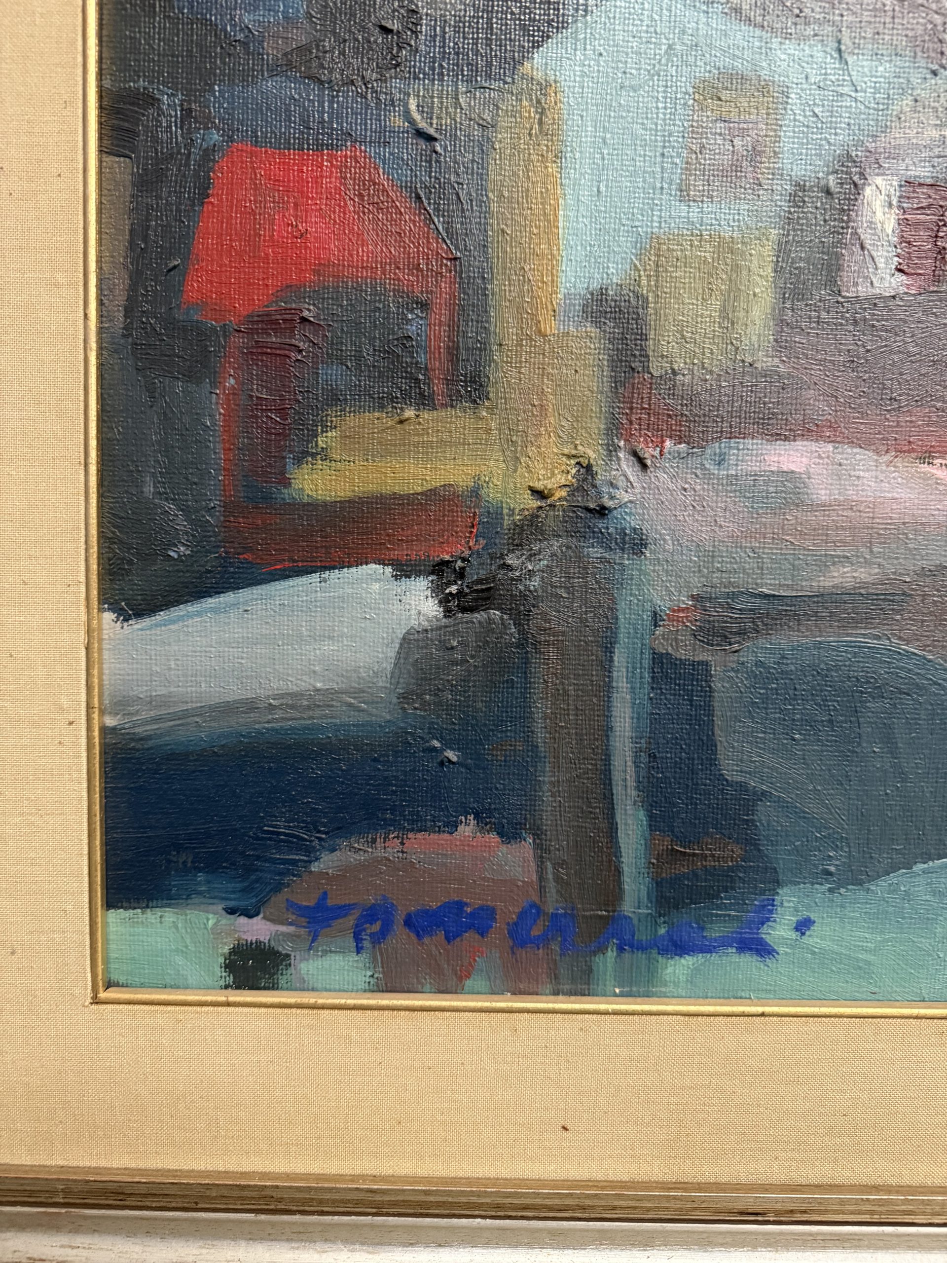 Dipinto materico paesaggio case moderno anni '60, 80x60cm - immagine 3