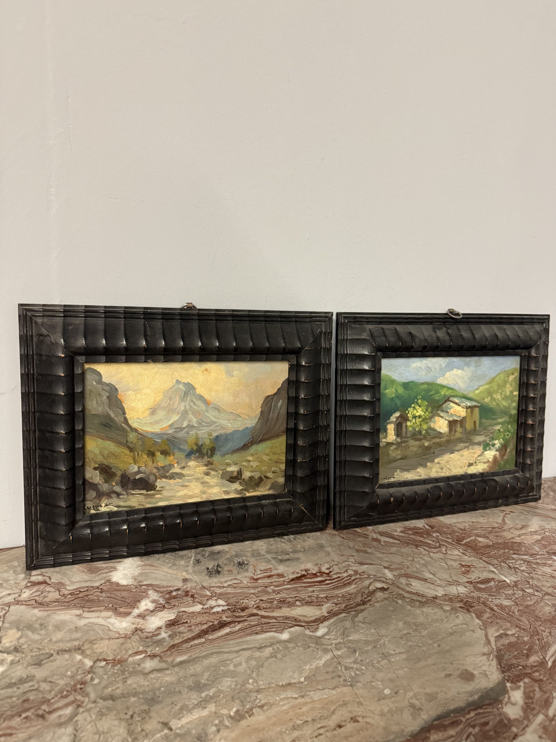 Antica coppia di dipinti olio su tavola, '800, 29x32cm, paesaggi di montagna, firmato.