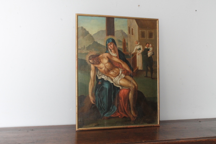 Antico dipinto fiammingo epoca XVIII olio su tavola raffigurante La deposizione . Mis 58 x 45,50