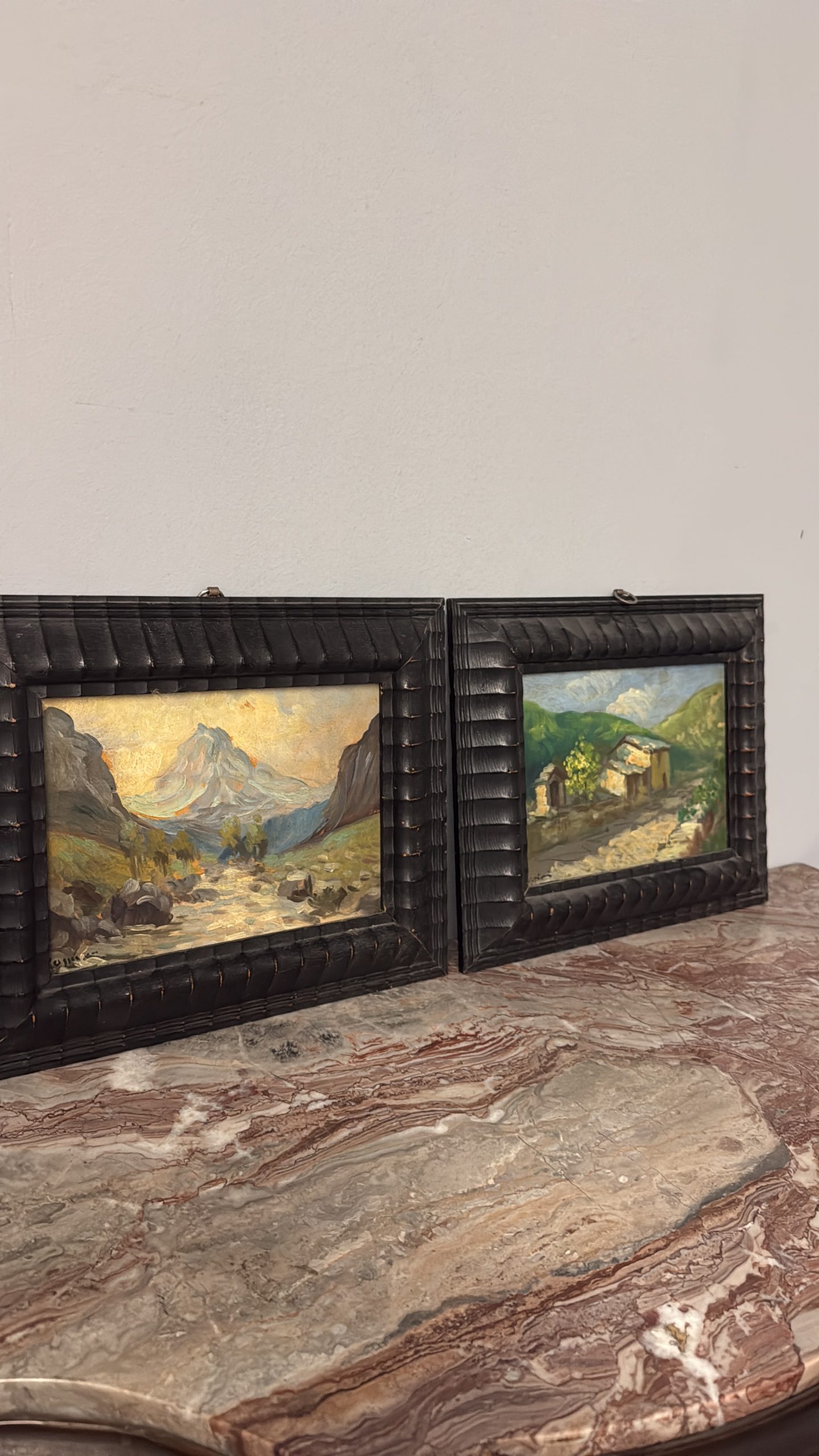 Antica coppia di dipinti olio su tavola, '800, 29x32cm, paesaggi di montagna, firmato. - immagine 2