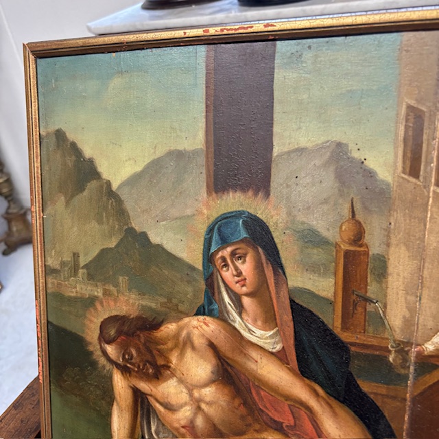 Antico dipinto fiammingo epoca XVIII olio su tavola raffigurante La deposizione . Mis 58 x 45,50 - immagine 6