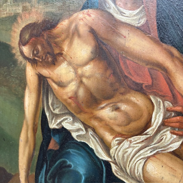 Antico dipinto fiammingo epoca XVIII olio su tavola raffigurante La deposizione . Mis 58 x 45,50 - immagine 8