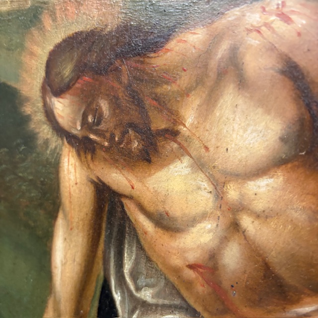 Antico dipinto fiammingo epoca XVIII olio su tavola raffigurante La deposizione . Mis 58 x 45,50 - immagine 9