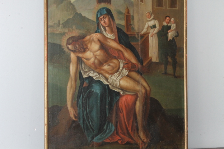 Antico dipinto fiammingo epoca XVIII olio su tavola raffigurante La deposizione . Mis 58 x 45,50 - immagine 13