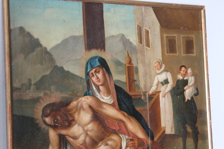 Antico dipinto fiammingo epoca XVIII olio su tavola raffigurante La deposizione . Mis 58 x 45,50 - immagine 14