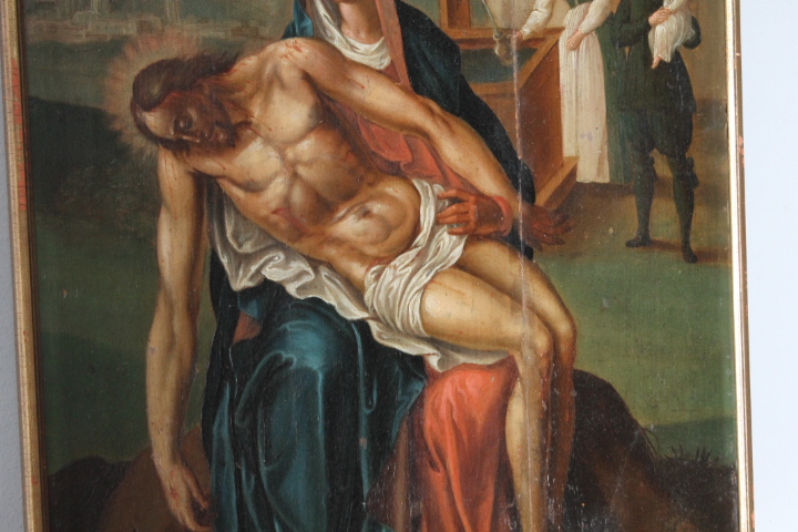Antico dipinto fiammingo epoca XVIII olio su tavola raffigurante La deposizione . Mis 58 x 45,50 - immagine 15