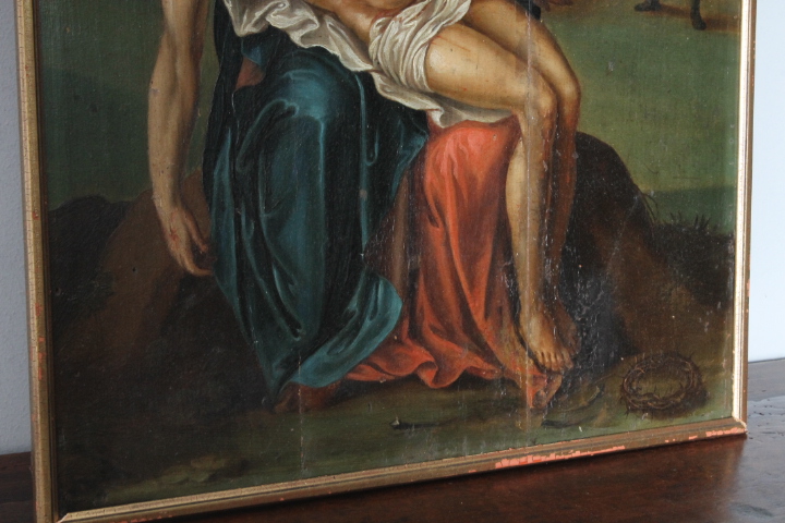 Antico dipinto fiammingo epoca XVIII olio su tavola raffigurante La deposizione . Mis 58 x 45,50 - immagine 16