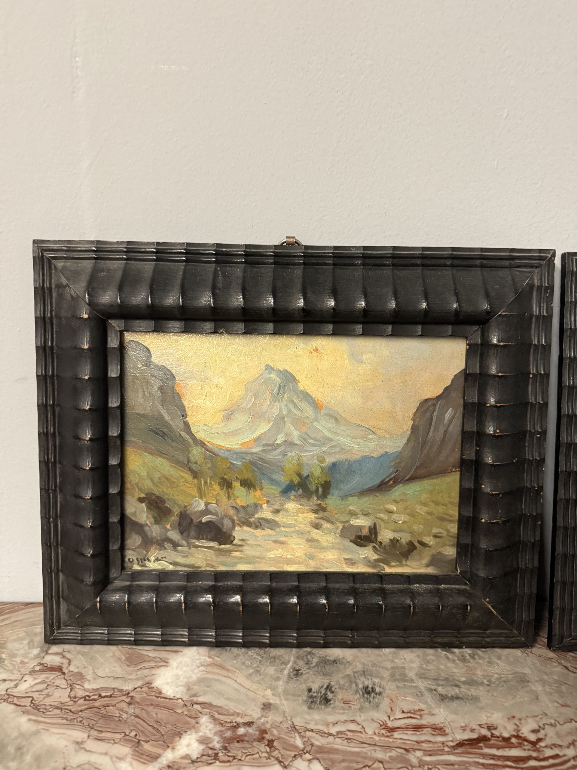Antica coppia di dipinti olio su tavola, '800, 29x32cm, paesaggi di montagna, firmato. - immagine 3