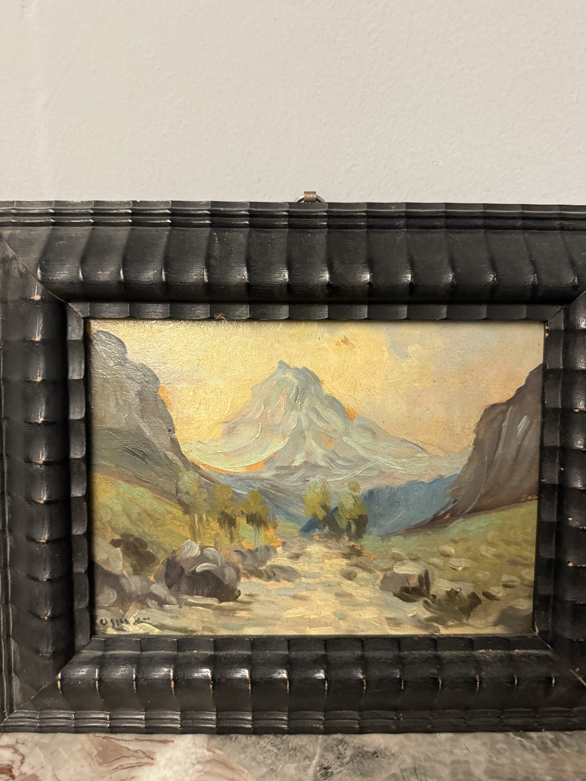 Antica coppia di dipinti olio su tavola, '800, 29x32cm, paesaggi di montagna, firmato. - immagine 4