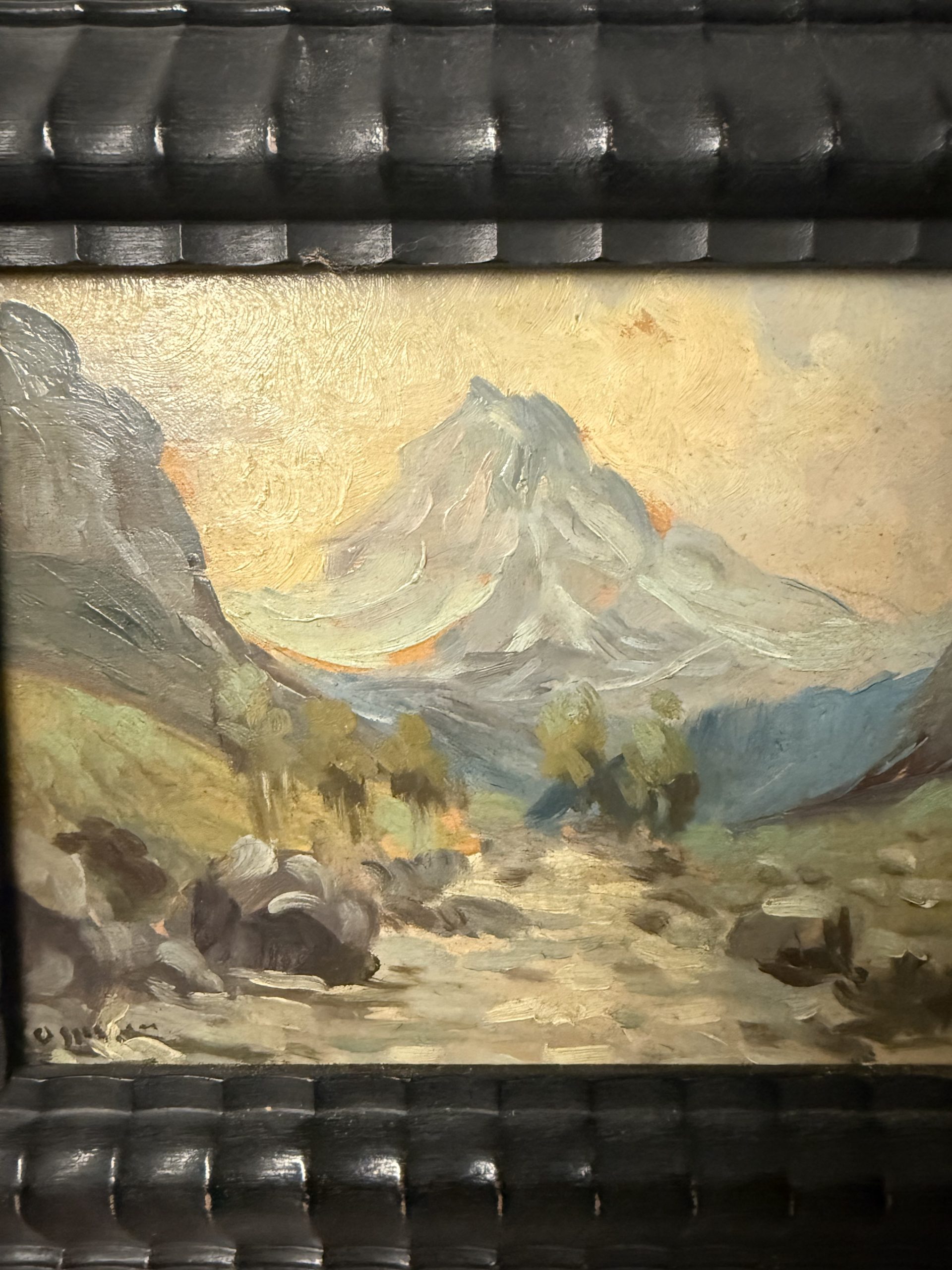 Antica coppia di dipinti olio su tavola, '800, 29x32cm, paesaggi di montagna, firmato. - immagine 5