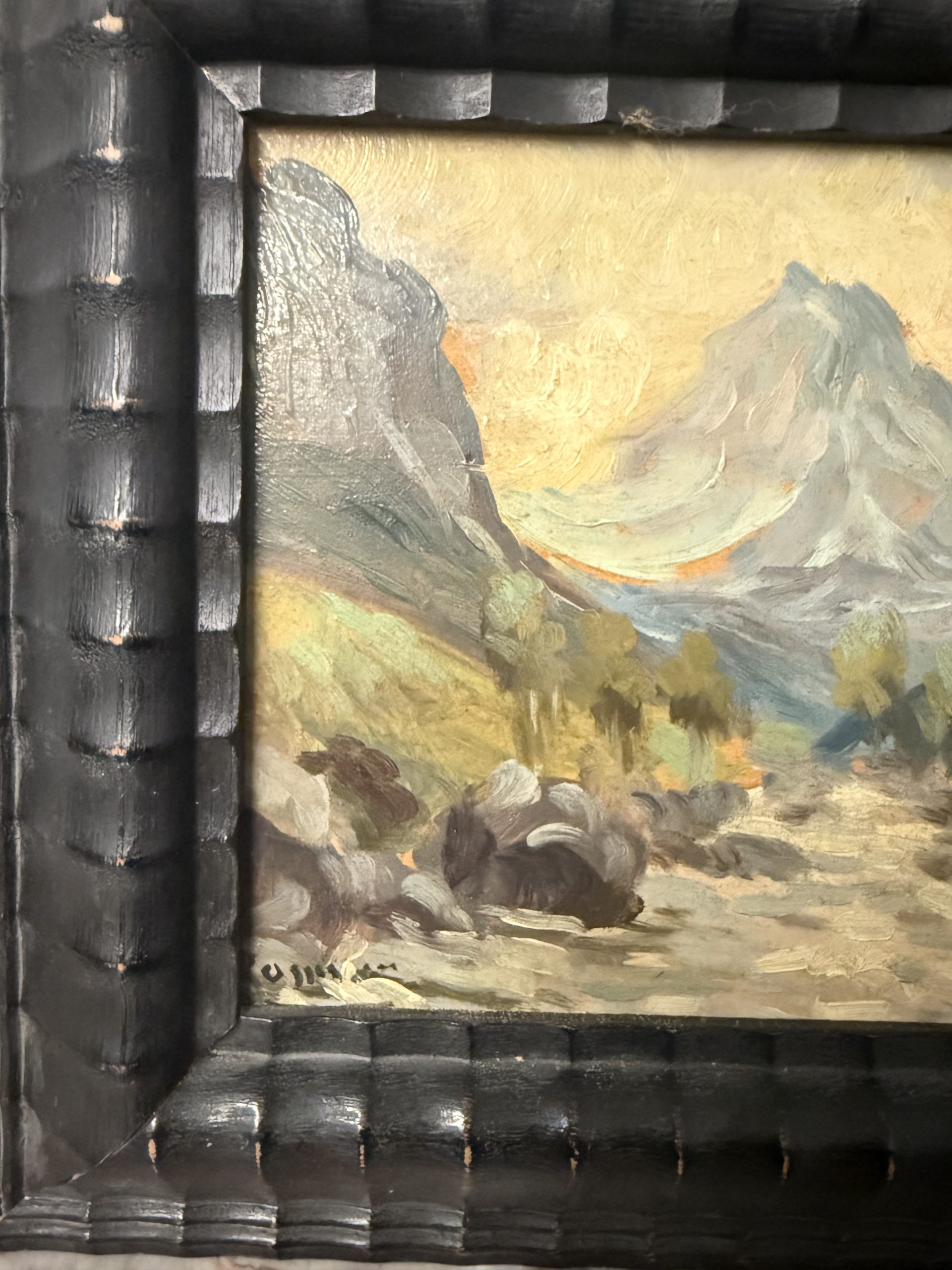 Antica coppia di dipinti olio su tavola, '800, 29x32cm, paesaggi di montagna, firmato. - immagine 6