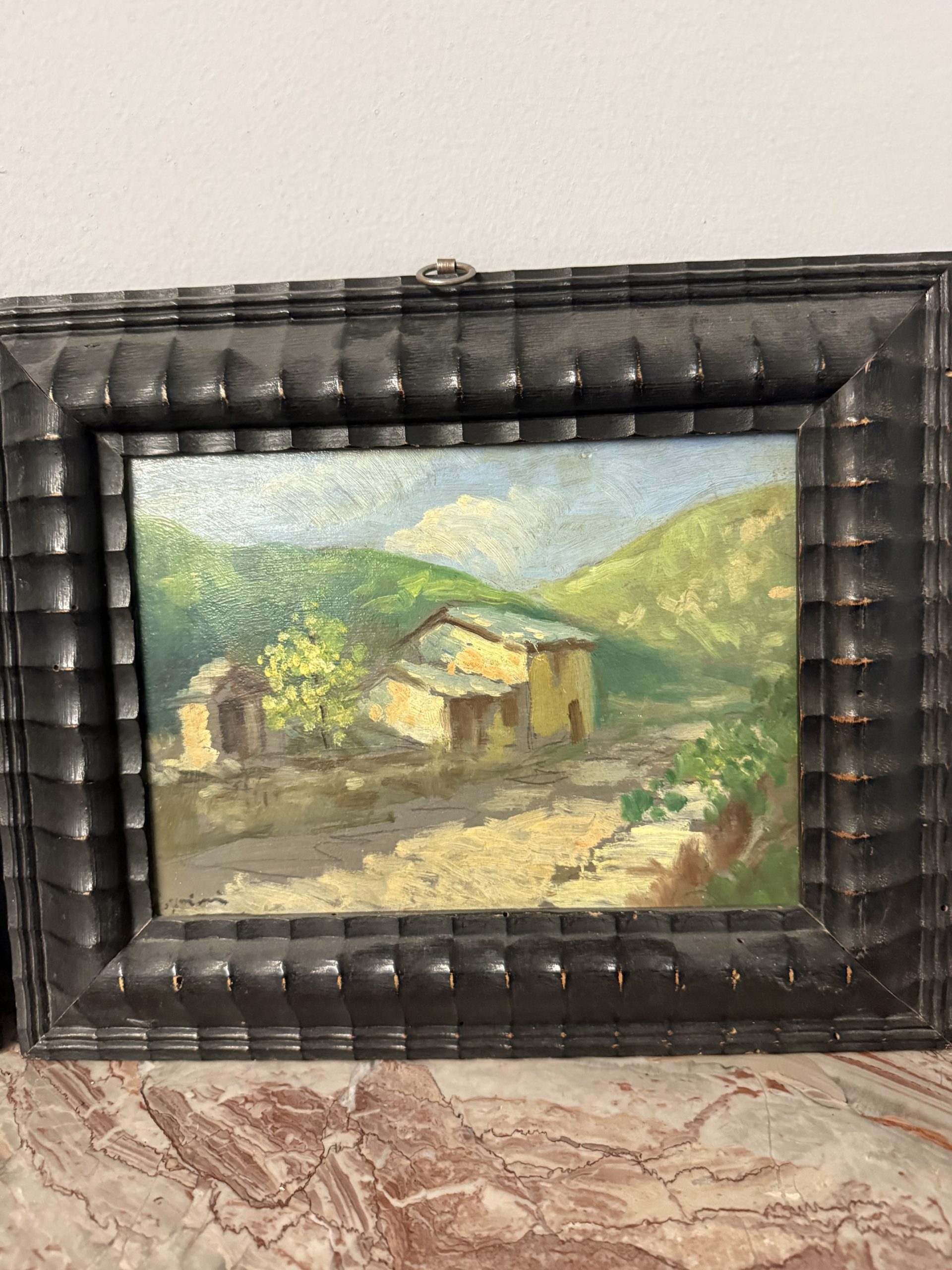 Antica coppia di dipinti olio su tavola, '800, 29x32cm, paesaggi di montagna, firmato. - immagine 7