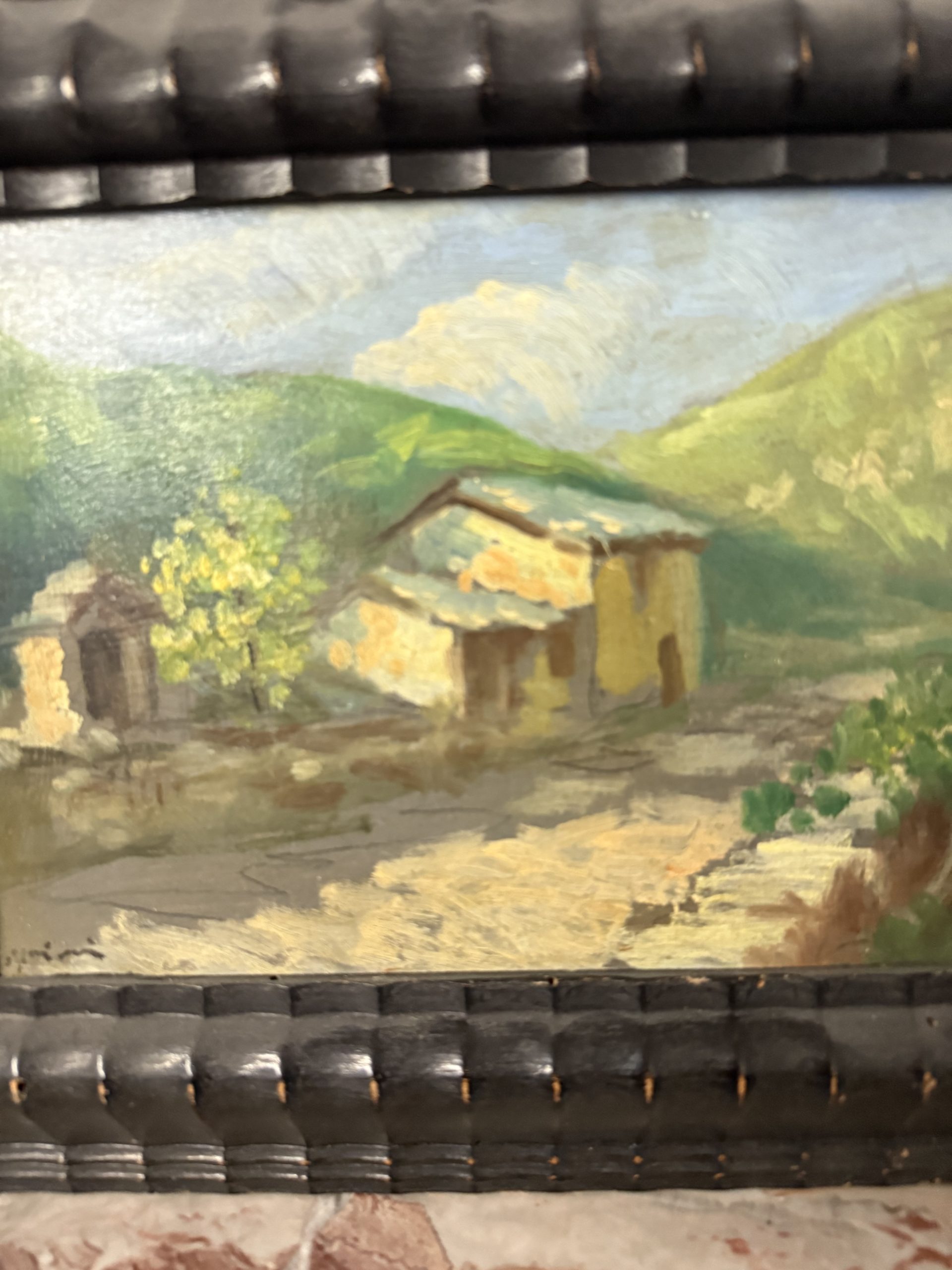 Antica coppia di dipinti olio su tavola, '800, 29x32cm, paesaggi di montagna, firmato. - immagine 8