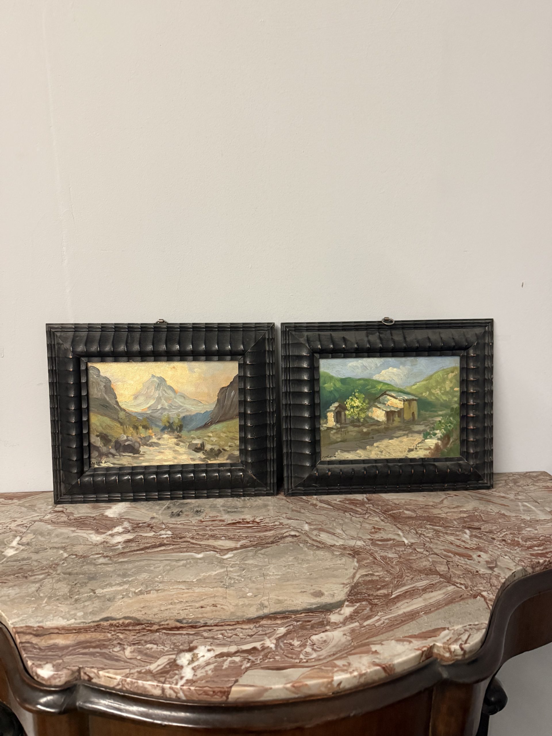 Antica coppia di dipinti olio su tavola, '800, 29x32cm, paesaggi di montagna, firmato. - immagine 9