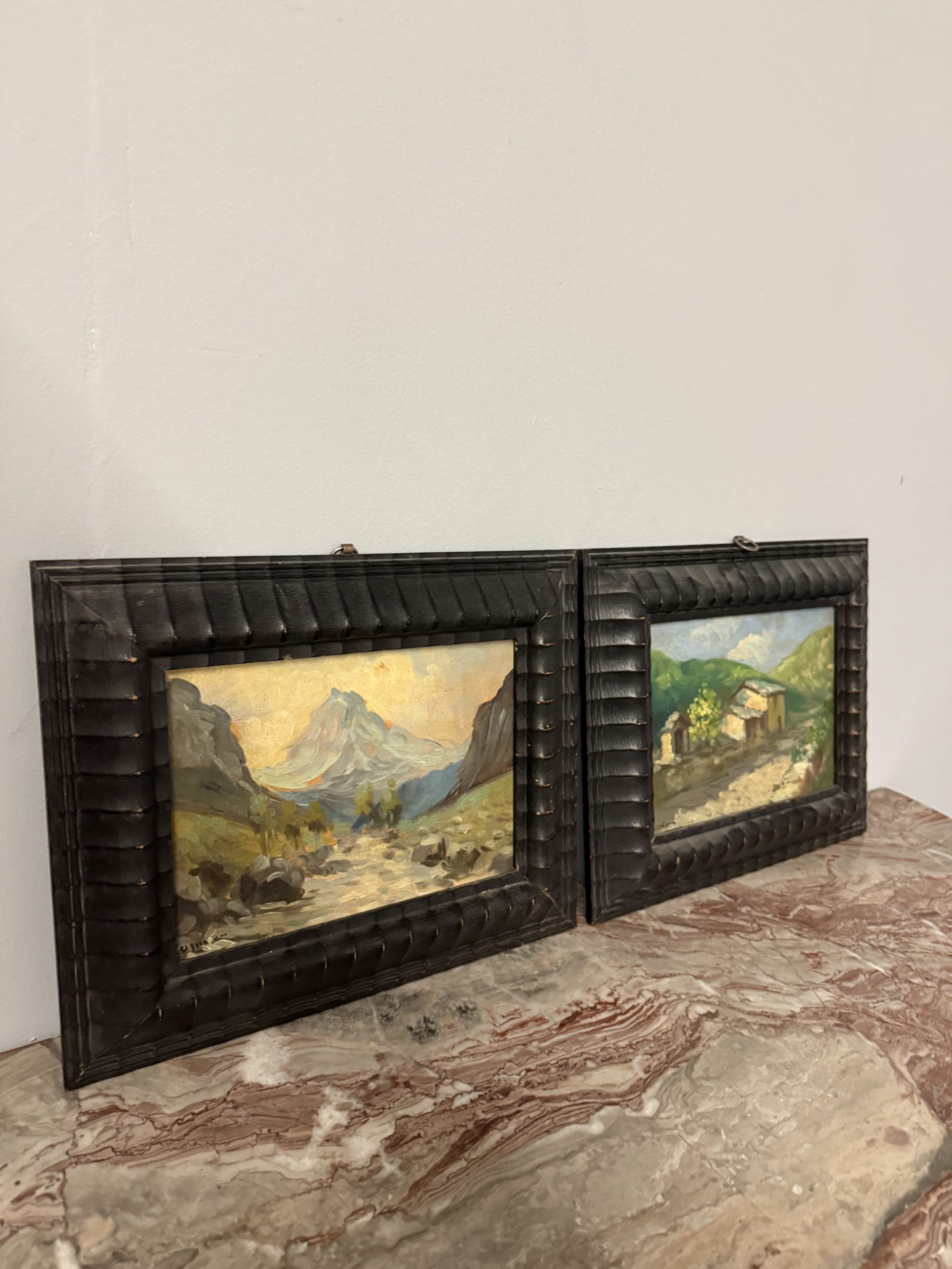 Antica coppia di dipinti olio su tavola, '800, 29x32cm, paesaggi di montagna, firmato. - immagine 10