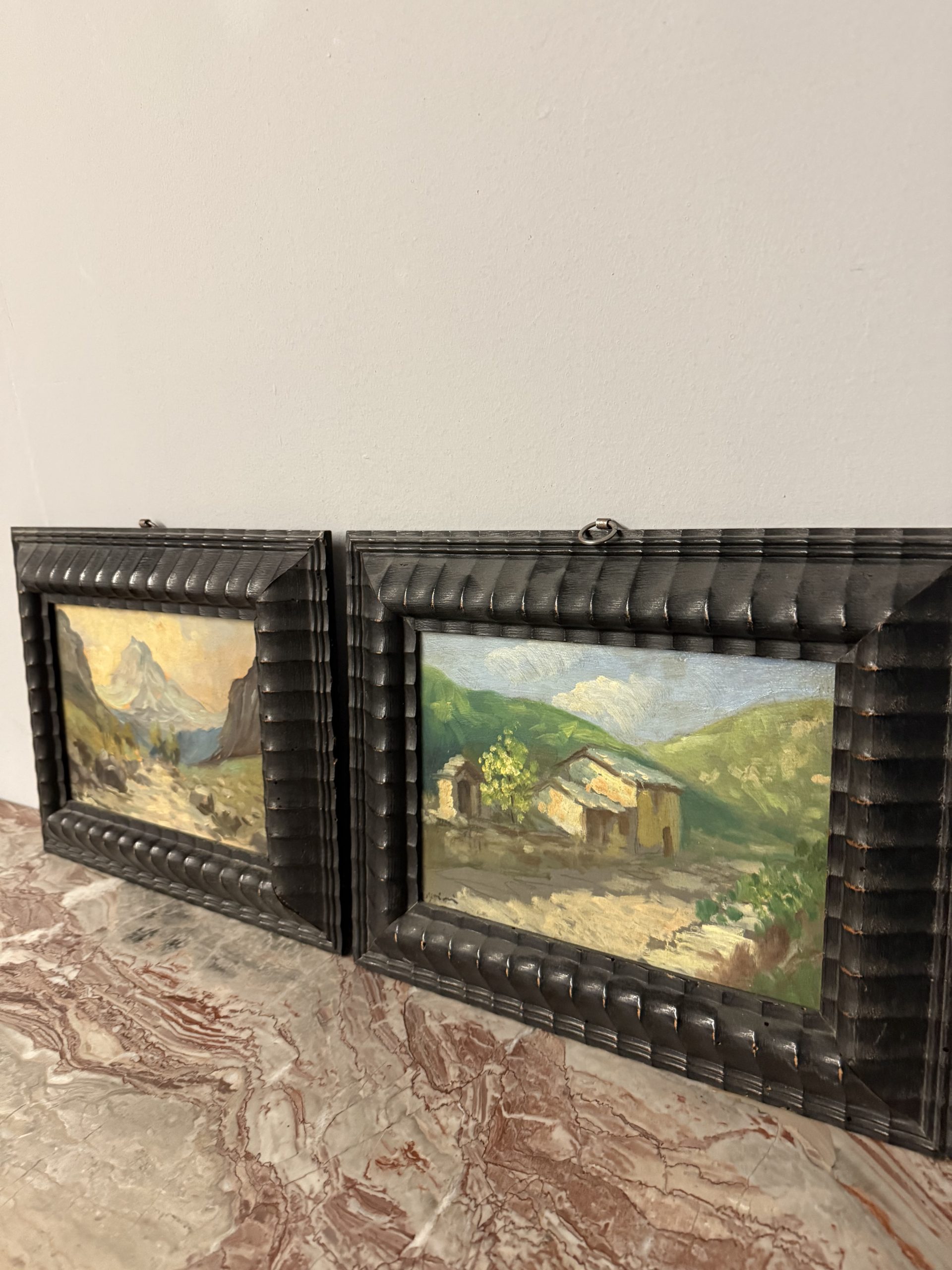 Antica coppia di dipinti olio su tavola, '800, 29x32cm, paesaggi di montagna, firmato. - immagine 11