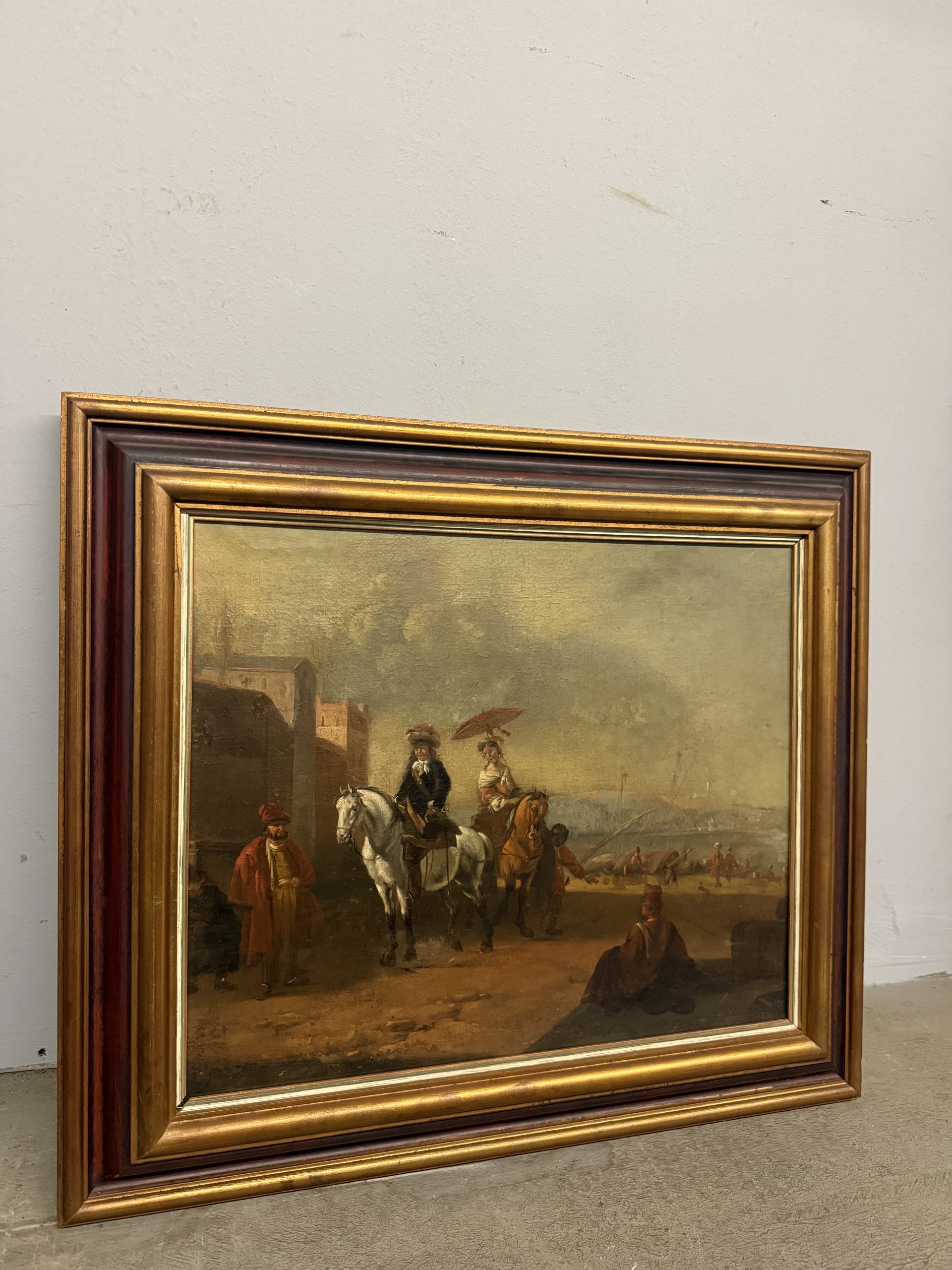 Antico dipinto olio su tela con cavaliere e dama XVIII sec, 63x55cm