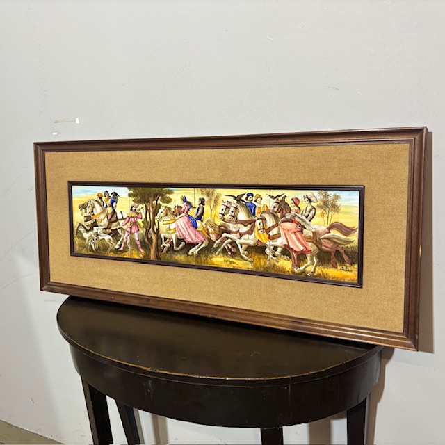 Antico Pannello decorativo maiolica cavalieri Franceschini Pesaro ZG 1950 mis :103x43cm