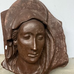 Antica scultura in terracotta brunita, volto Vergine, XX sec, 40x36x20cm