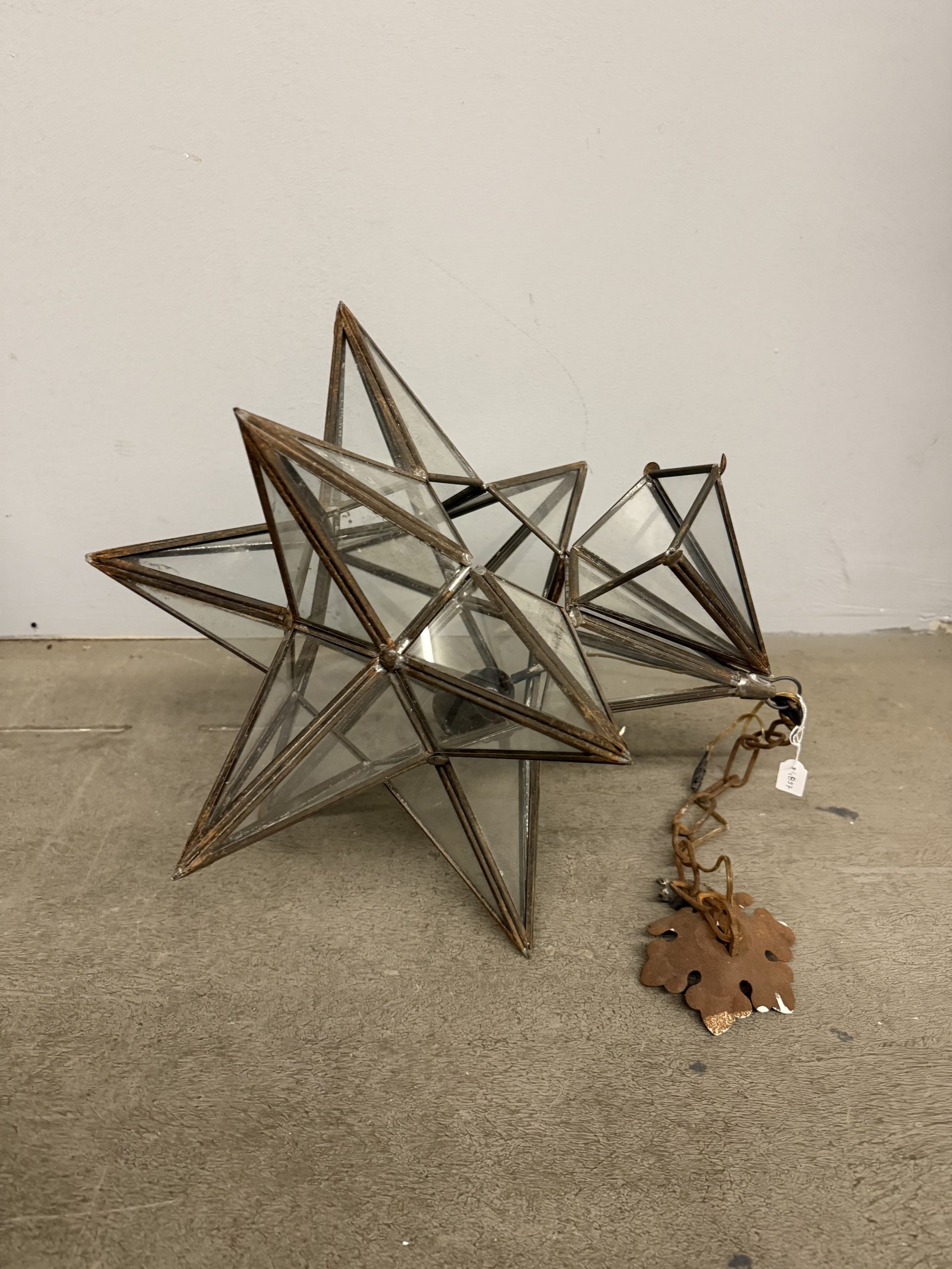 Antica lampada a stella in ferro battuto e vetri, XIX sec, 50x50cm - immagine 2