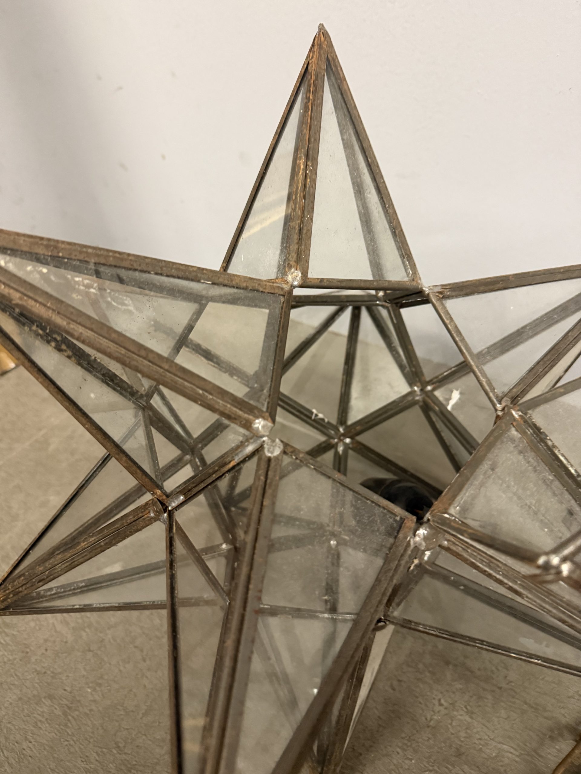Antica lampada a stella in ferro battuto e vetri, XIX sec, 50x50cm - immagine 5