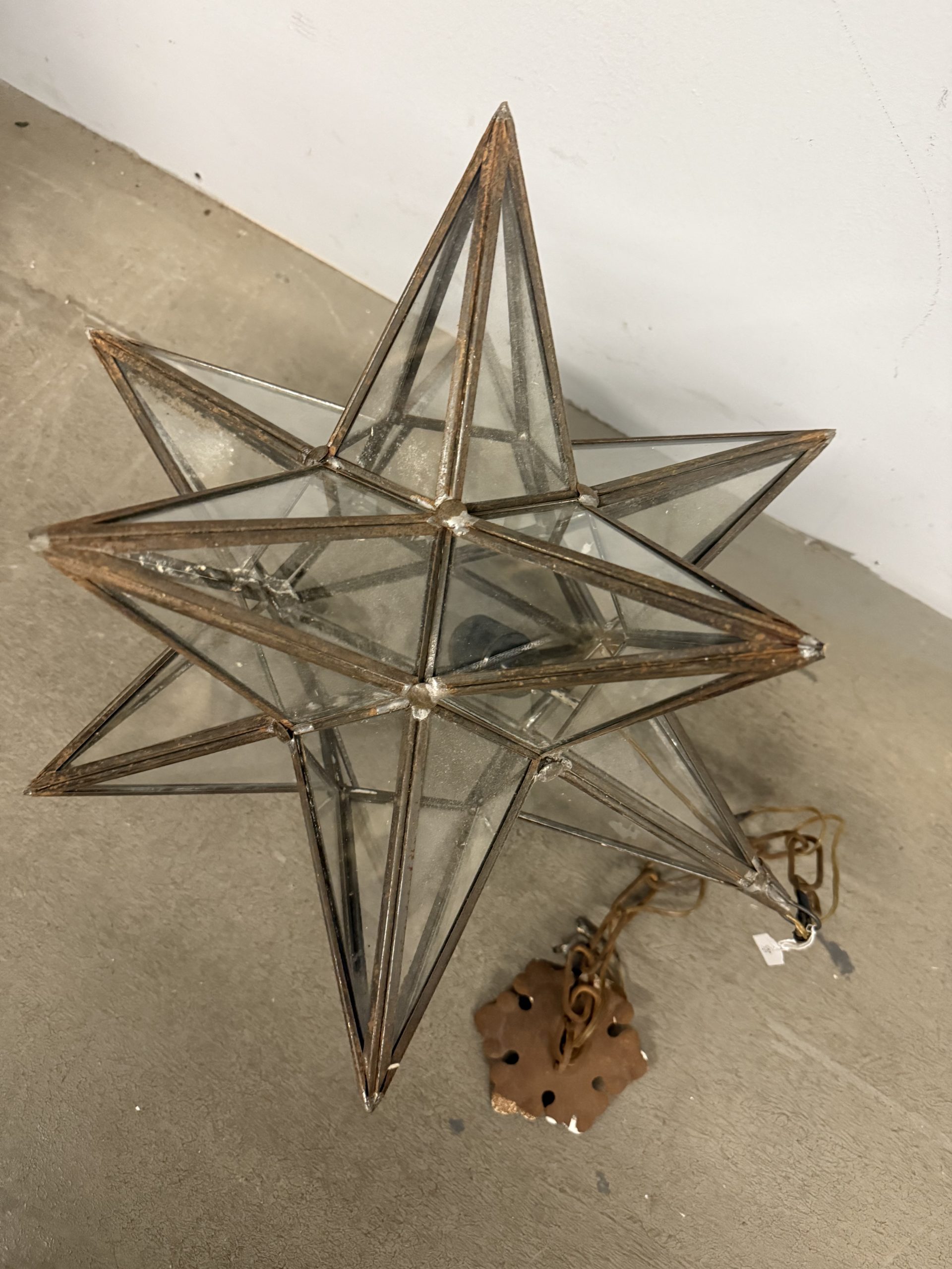 Antica lampada a stella in ferro battuto e vetri, XIX sec, 50x50cm - immagine 8