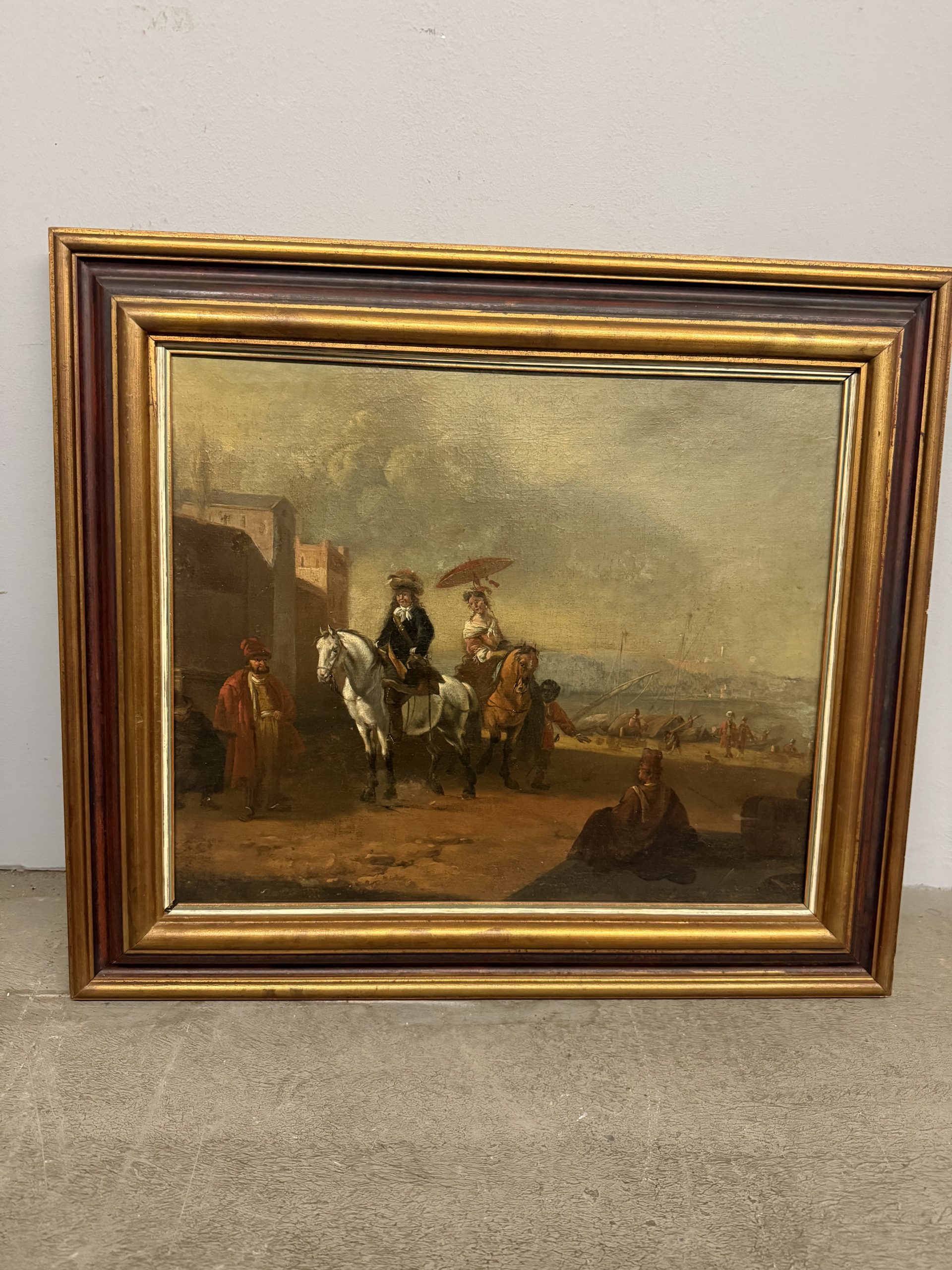 Antico dipinto olio su tela con cavaliere e dama XVIII sec, 63x55cm - immagine 2
